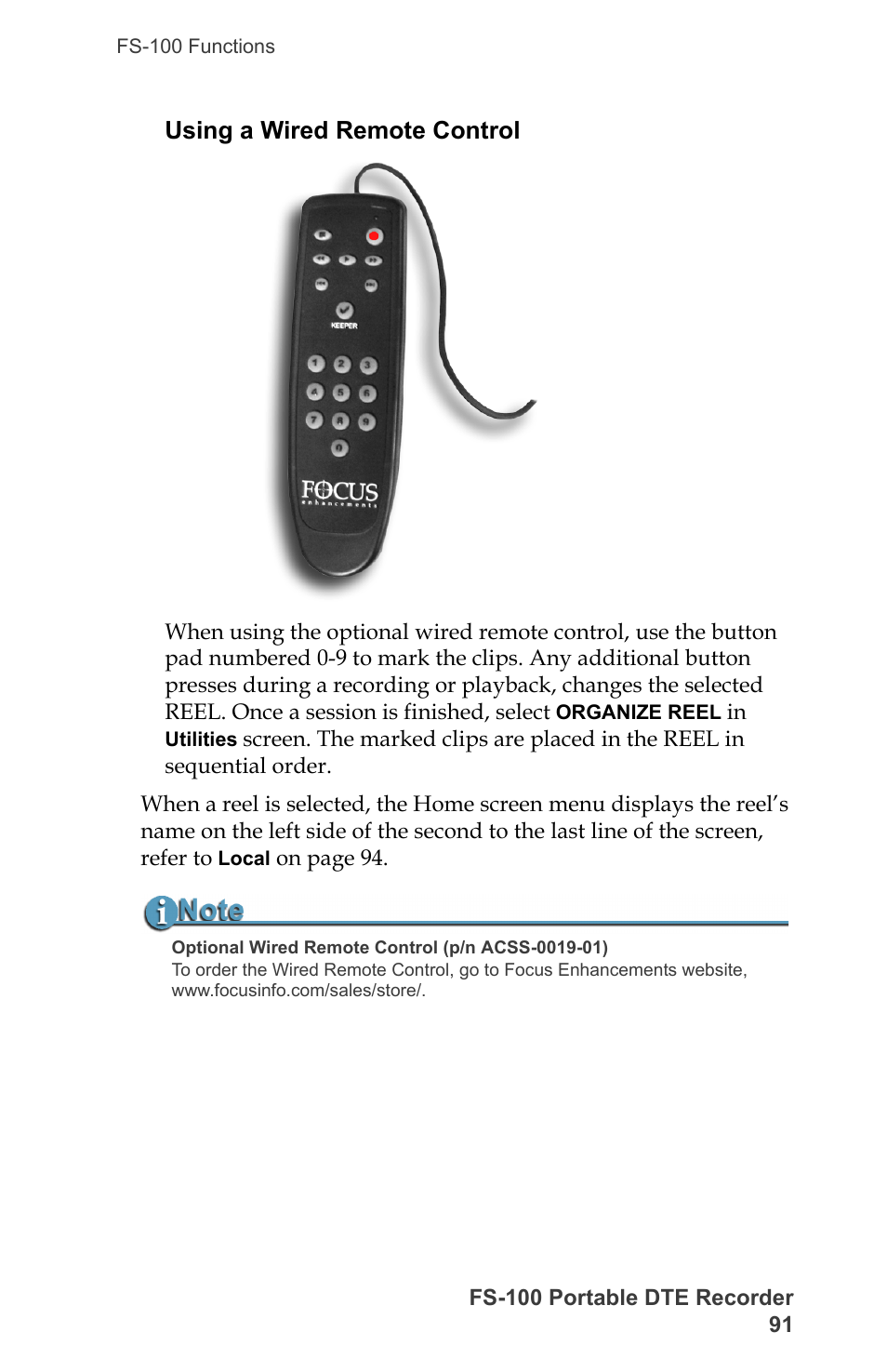 Using a wired remote control | FOCUS Enhancements DVCPRO/DV User Manual | Page 109 / 162