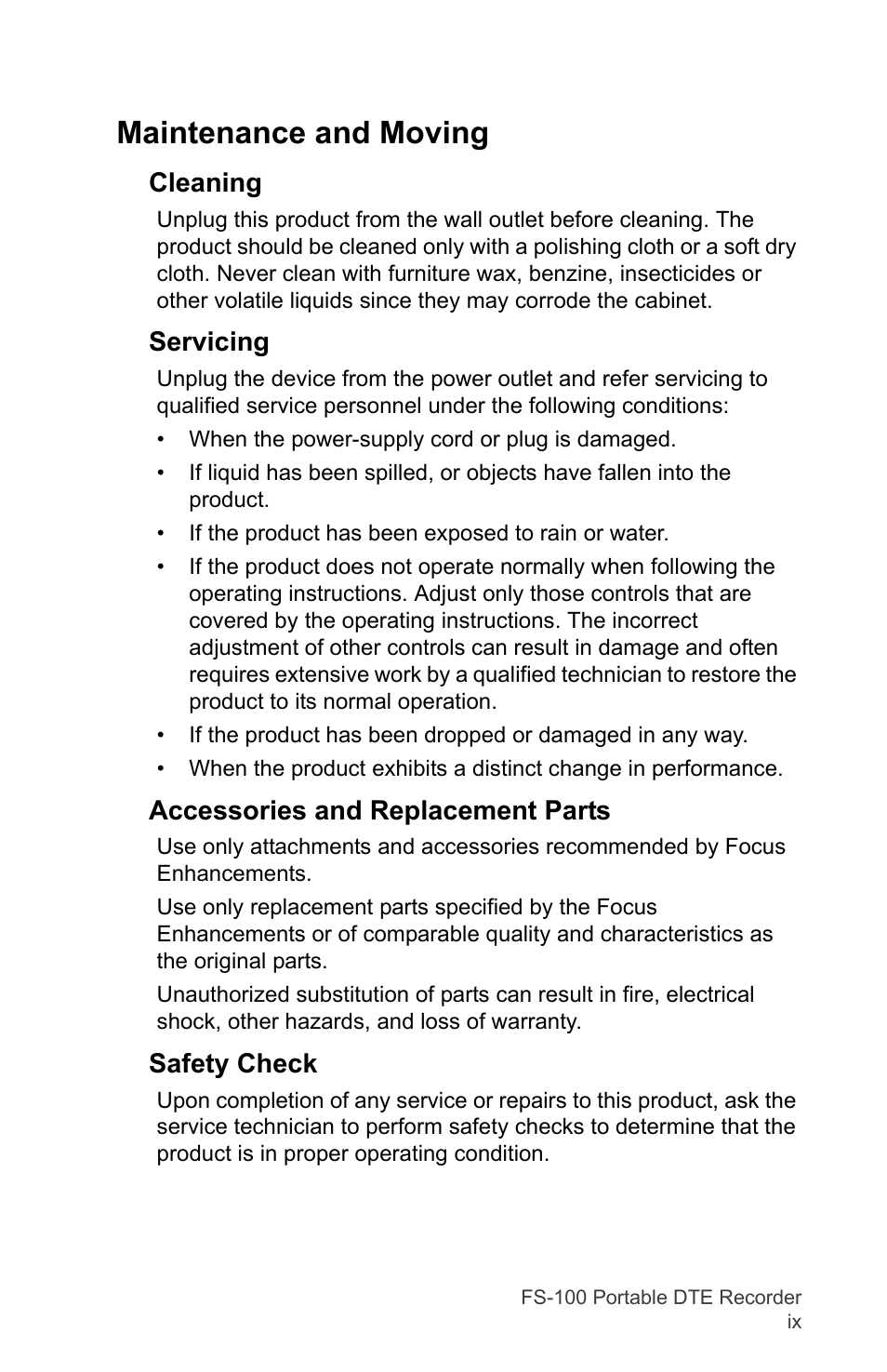 Maintenance and moving | FOCUS Enhancements DVCPRO/DV User Manual | Page 11 / 162