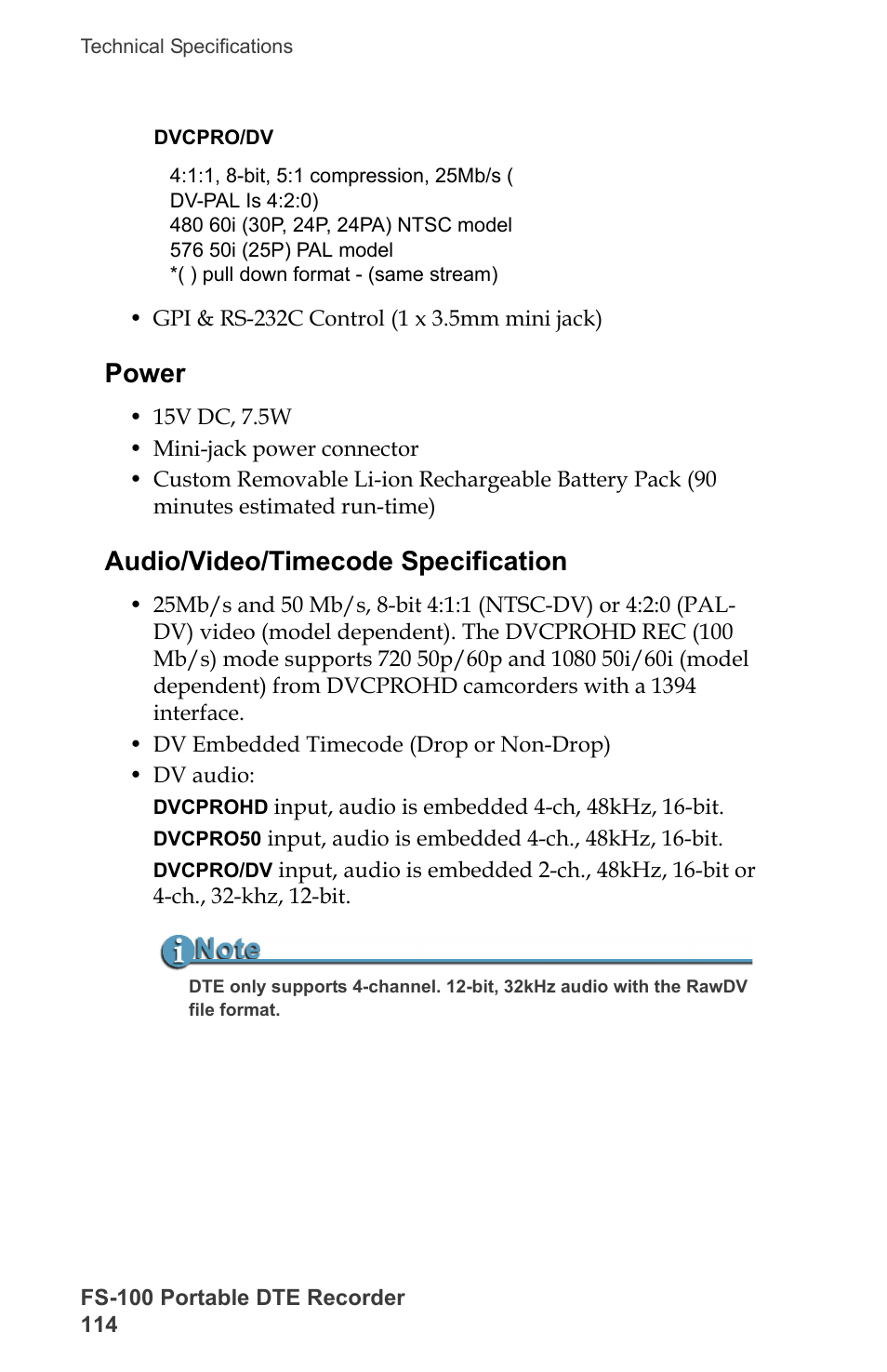 Power, Audio/video/timecode specification, Power audio/video/timecode specification | FOCUS Enhancements DVCPRO/DV User Manual | Page 132 / 162