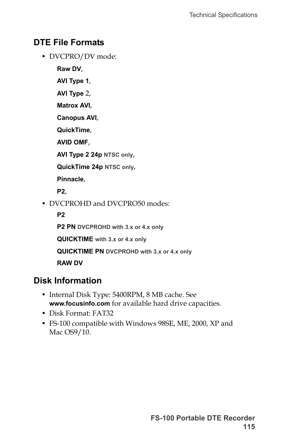 Dte file formats, Disk information, Dte file formats disk information | FOCUS Enhancements DVCPRO/DV User Manual | Page 133 / 162