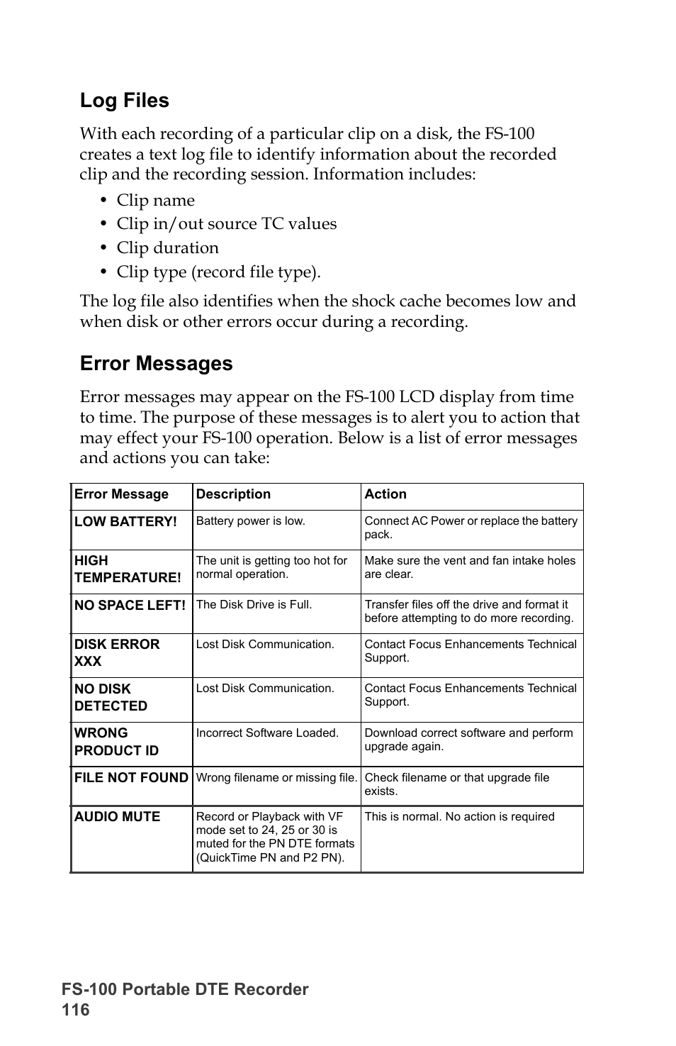 Log files, Error messages, Log files error messages | FOCUS Enhancements DVCPRO/DV User Manual | Page 134 / 162