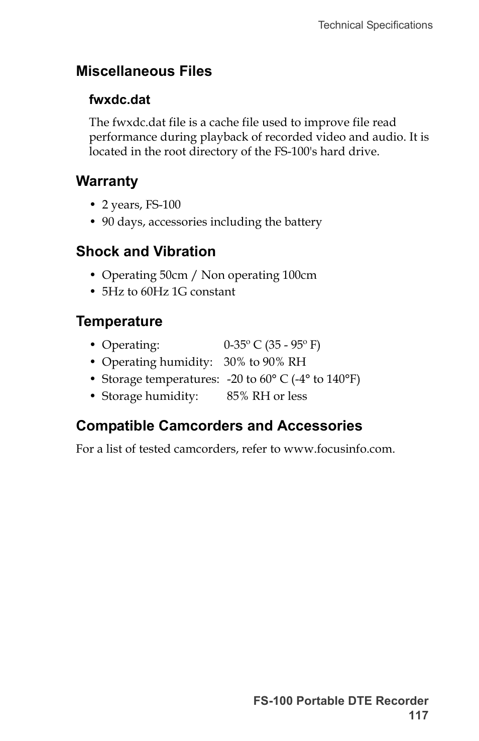 Miscellaneous files, Fwxdc.dat, Warranty | Shock and vibration, Temperature, Compatible camcorders and accessories | FOCUS Enhancements DVCPRO/DV User Manual | Page 135 / 162