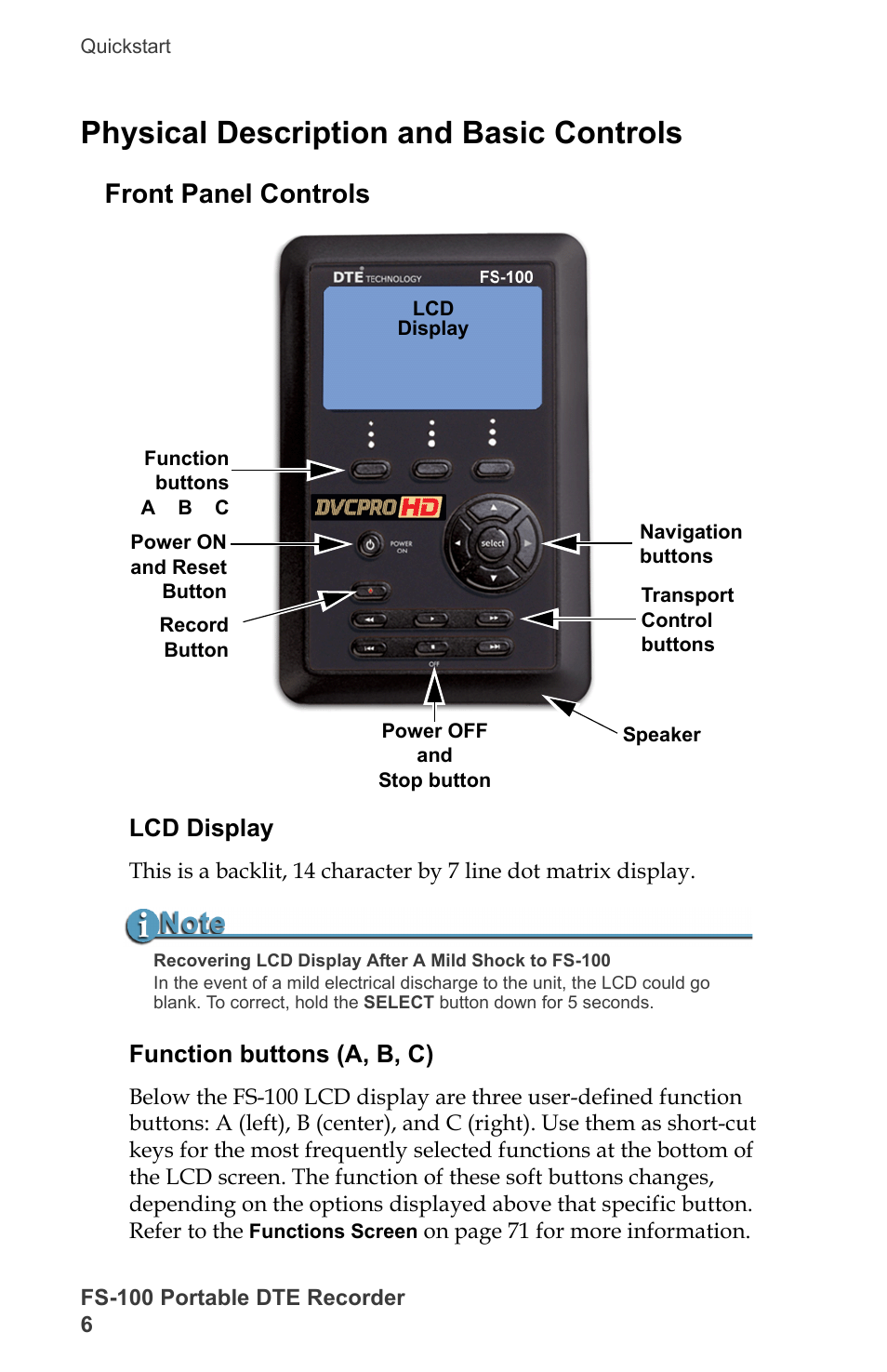 Physical description and basic controls, Front panel controls, Lcd display | Function buttons (a, b, c), Lcd display function buttons (a, b, c) | FOCUS Enhancements DVCPRO/DV User Manual | Page 24 / 162
