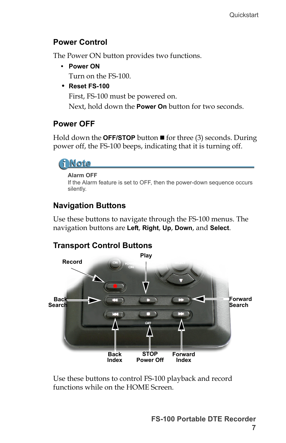 Power control, Power off, Navigation buttons | Transport control buttons | FOCUS Enhancements DVCPRO/DV User Manual | Page 25 / 162