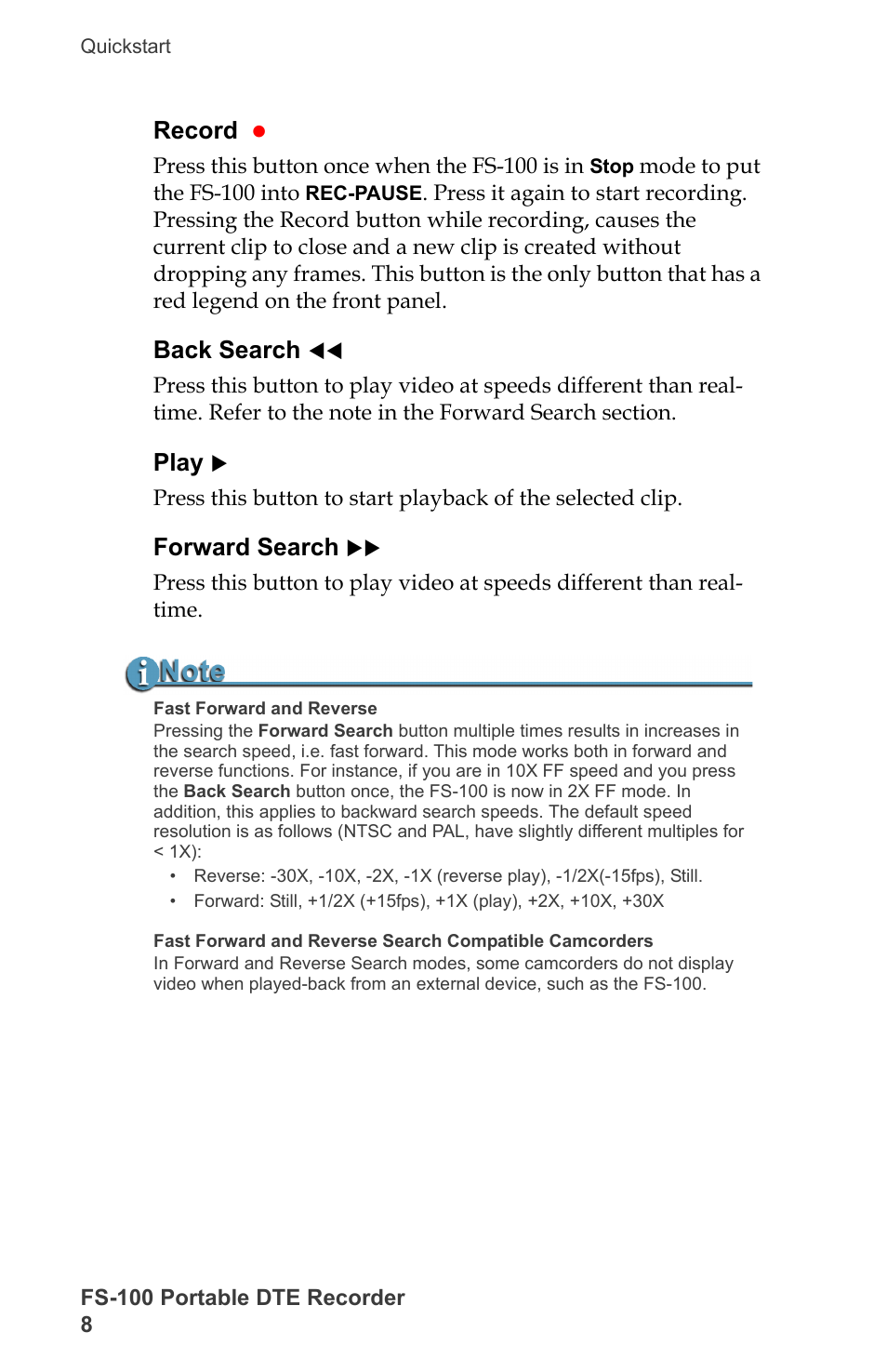 Record, Back search, Play | Forward search, Record back search play forward search | FOCUS Enhancements DVCPRO/DV User Manual | Page 26 / 162