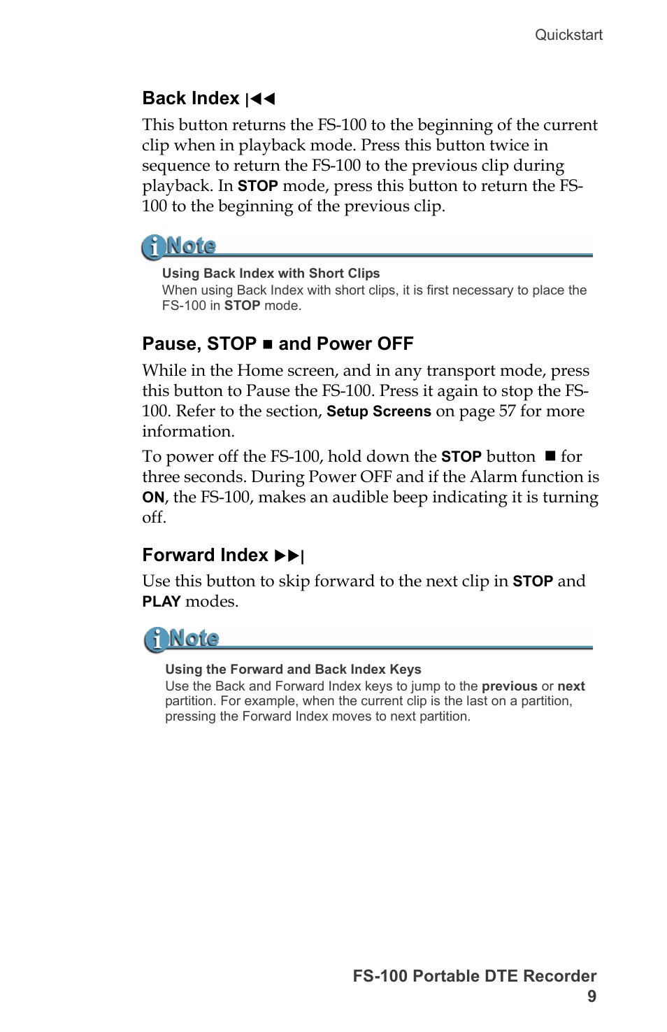 Back index, Pause, stop and power off, Forward index | Back index pause, stop and power off forward index | FOCUS Enhancements DVCPRO/DV User Manual | Page 27 / 162