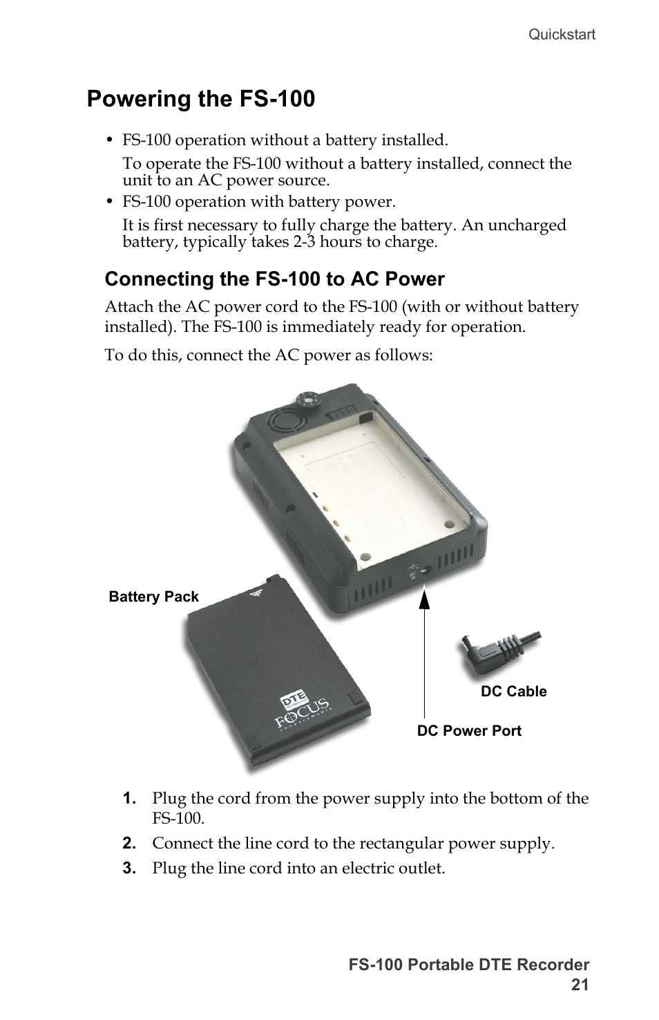 Powering the fs-100, Connecting the fs-100 to ac power | FOCUS Enhancements DVCPRO/DV User Manual | Page 39 / 162