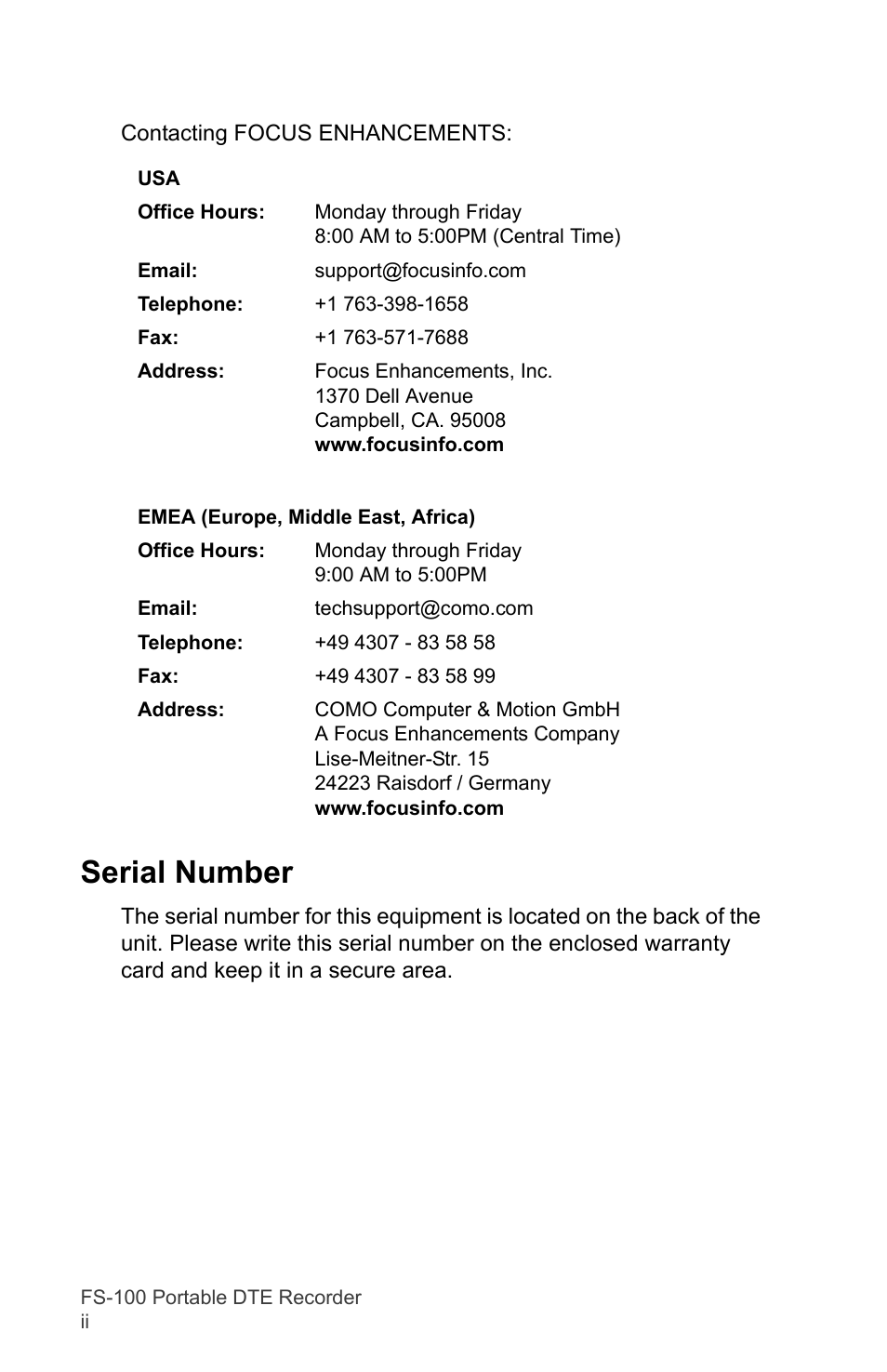 Serial number | FOCUS Enhancements DVCPRO/DV User Manual | Page 4 / 162
