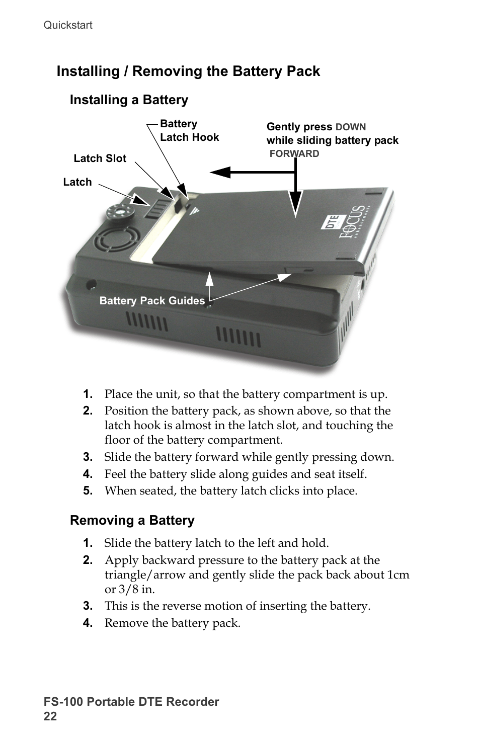 Installing / removing the battery pack, Installing a battery, Removing a battery | Installing a battery removing a battery | FOCUS Enhancements DVCPRO/DV User Manual | Page 40 / 162