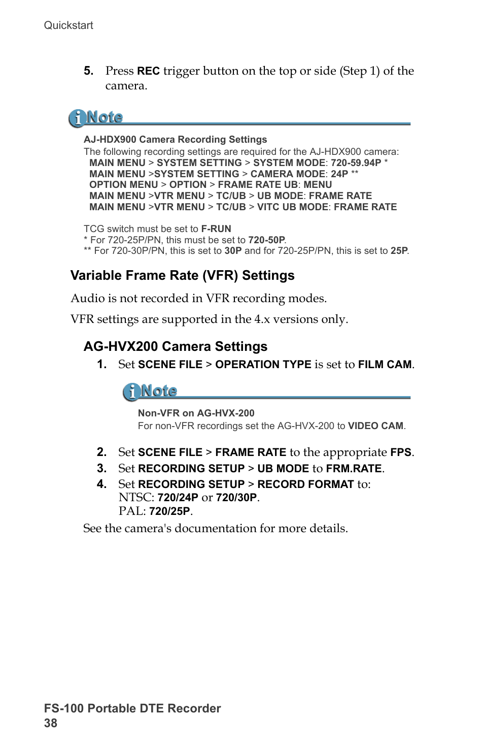 Variable frame rate ( vfr) settings, Ag-hvx200 camera settings, Variable frame rate ( . . . . . . vfr) settings 38 | Variable frame rate (vfr) settings | FOCUS Enhancements DVCPRO/DV User Manual | Page 56 / 162