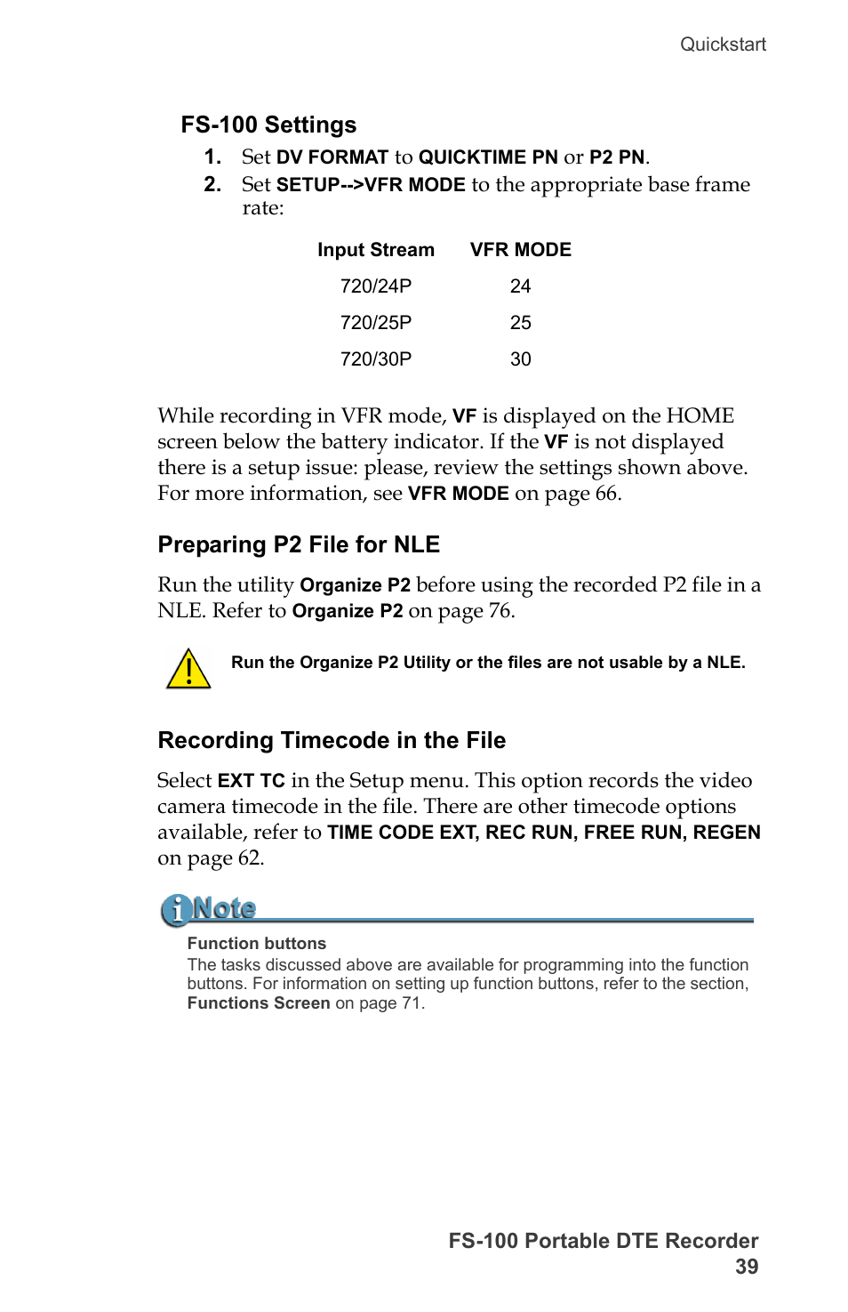 Fs-100 settings, Preparing p2 file for nle, Recording timecode in the file | FOCUS Enhancements DVCPRO/DV User Manual | Page 57 / 162