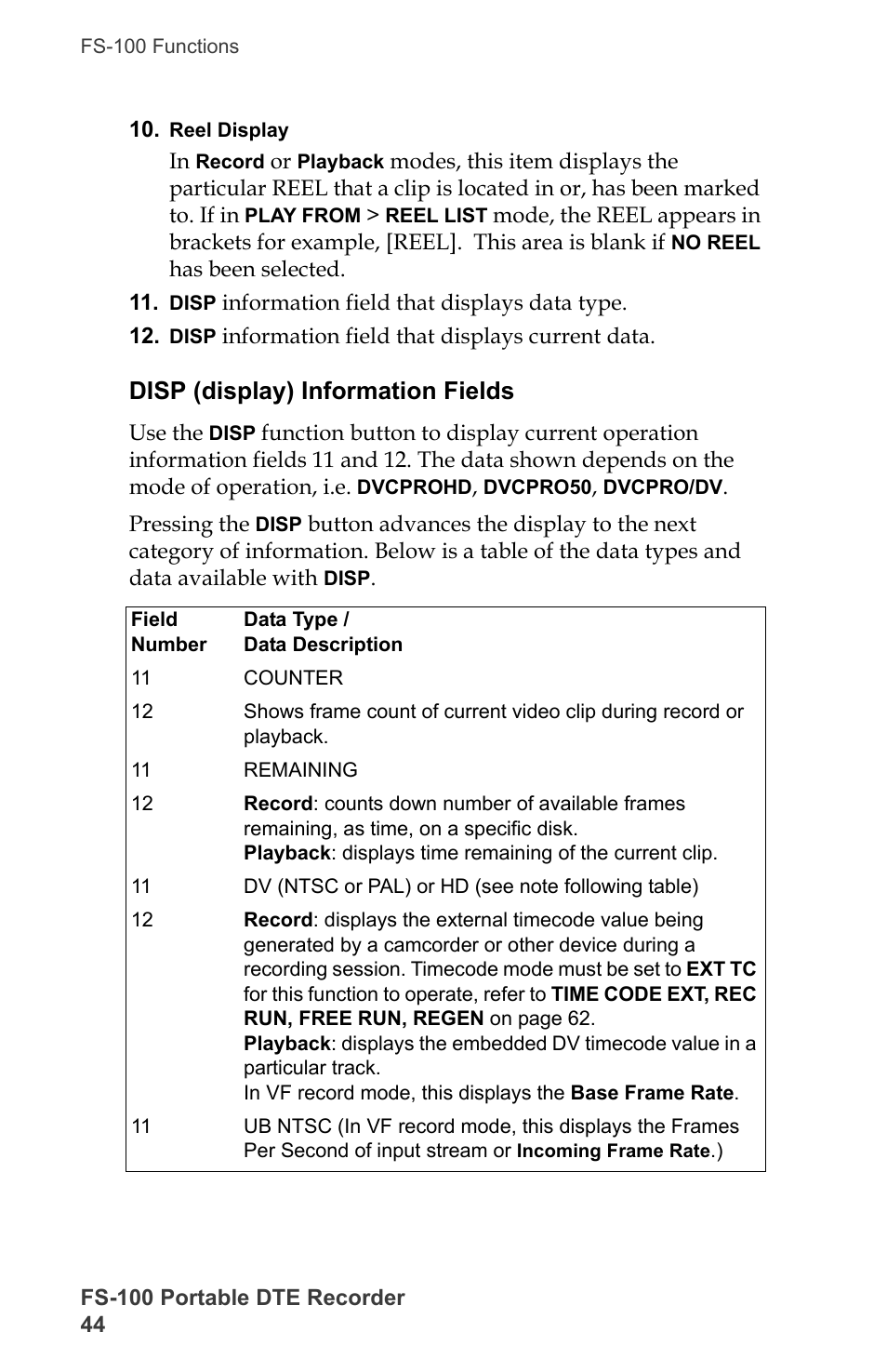 Disp (display) information fields | FOCUS Enhancements DVCPRO/DV User Manual | Page 62 / 162
