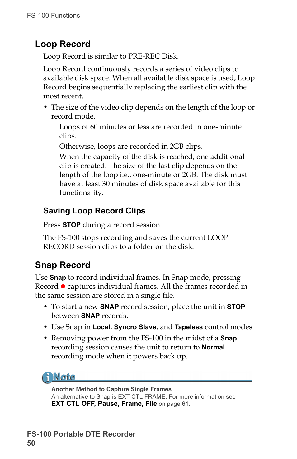 Loop record, Saving loop record clips, Snap record | FOCUS Enhancements DVCPRO/DV User Manual | Page 68 / 162