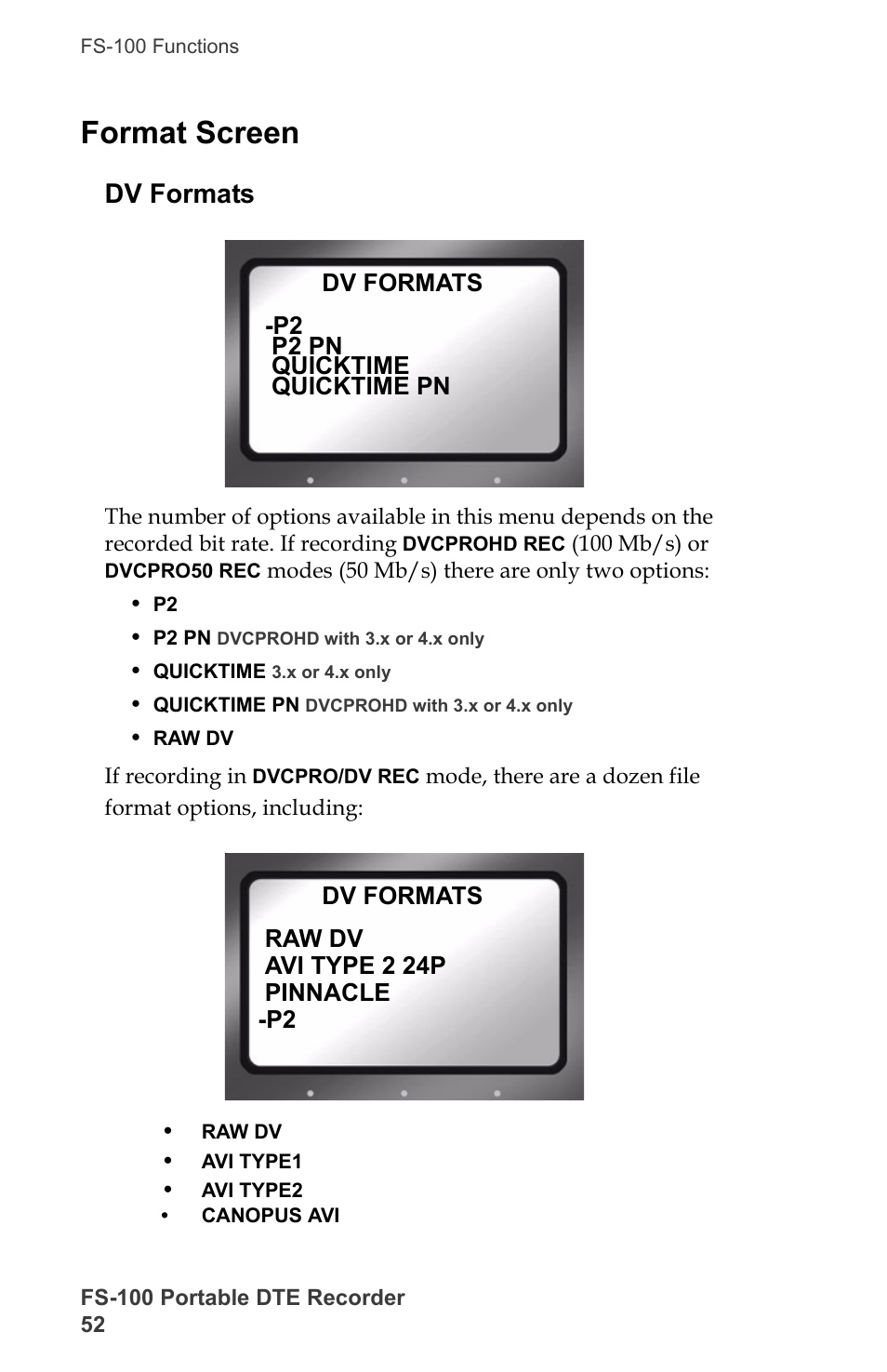 Format screen, Dv formats | FOCUS Enhancements DVCPRO/DV User Manual | Page 70 / 162