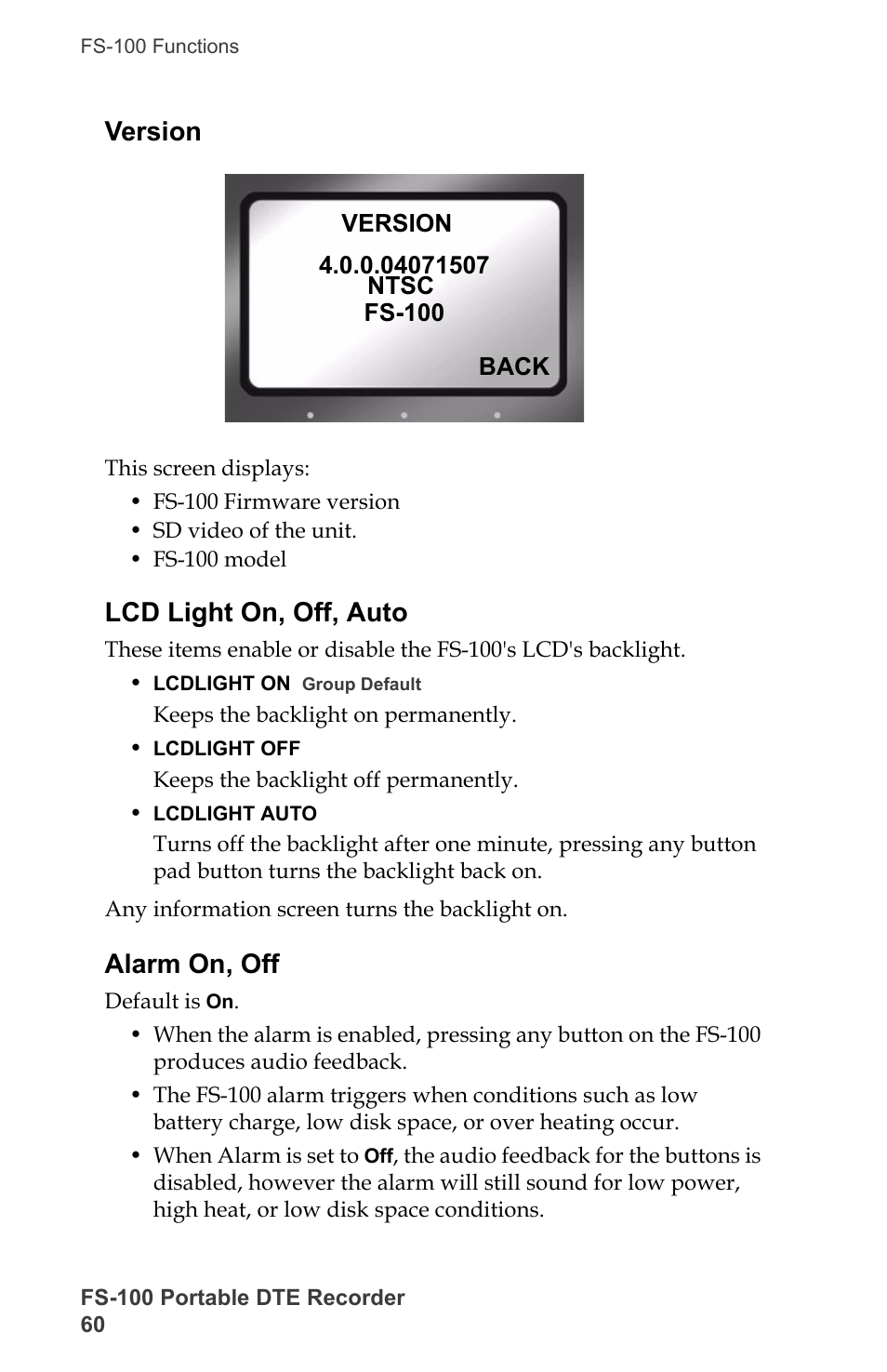 Version, Lcd light on, off, auto, Alarm on, off | Version lcd light on, off, auto alarm on, off | FOCUS Enhancements DVCPRO/DV User Manual | Page 78 / 162