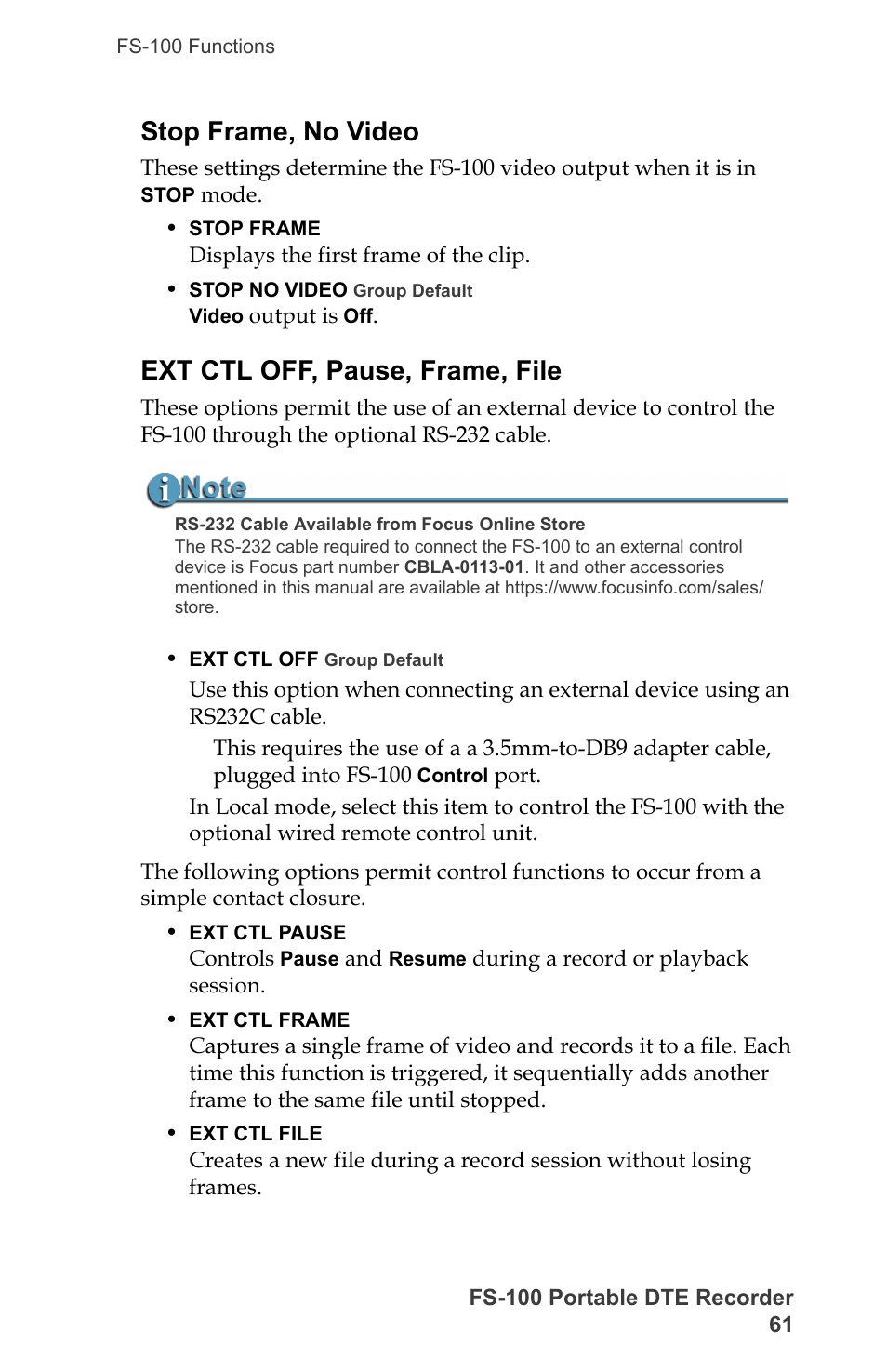 Stop frame, no video, Ext ctl off, pause, frame, file | FOCUS Enhancements DVCPRO/DV User Manual | Page 79 / 162