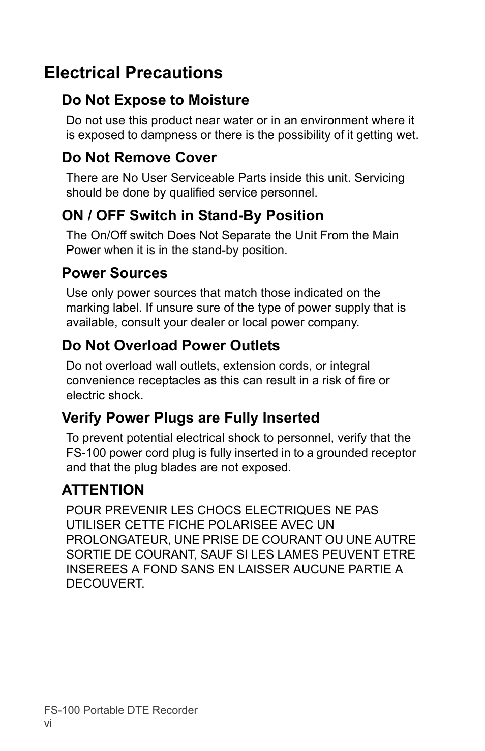 Electrical precautions | FOCUS Enhancements DVCPRO/DV User Manual | Page 8 / 162
