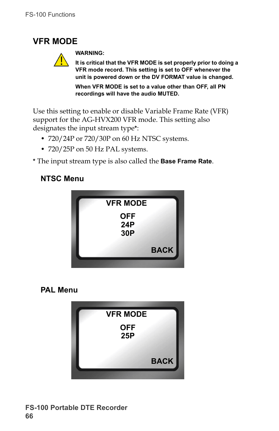 Vfr mode, Ntsc menu, Pal menu | Ntsc menu pal menu | FOCUS Enhancements DVCPRO/DV User Manual | Page 84 / 162
