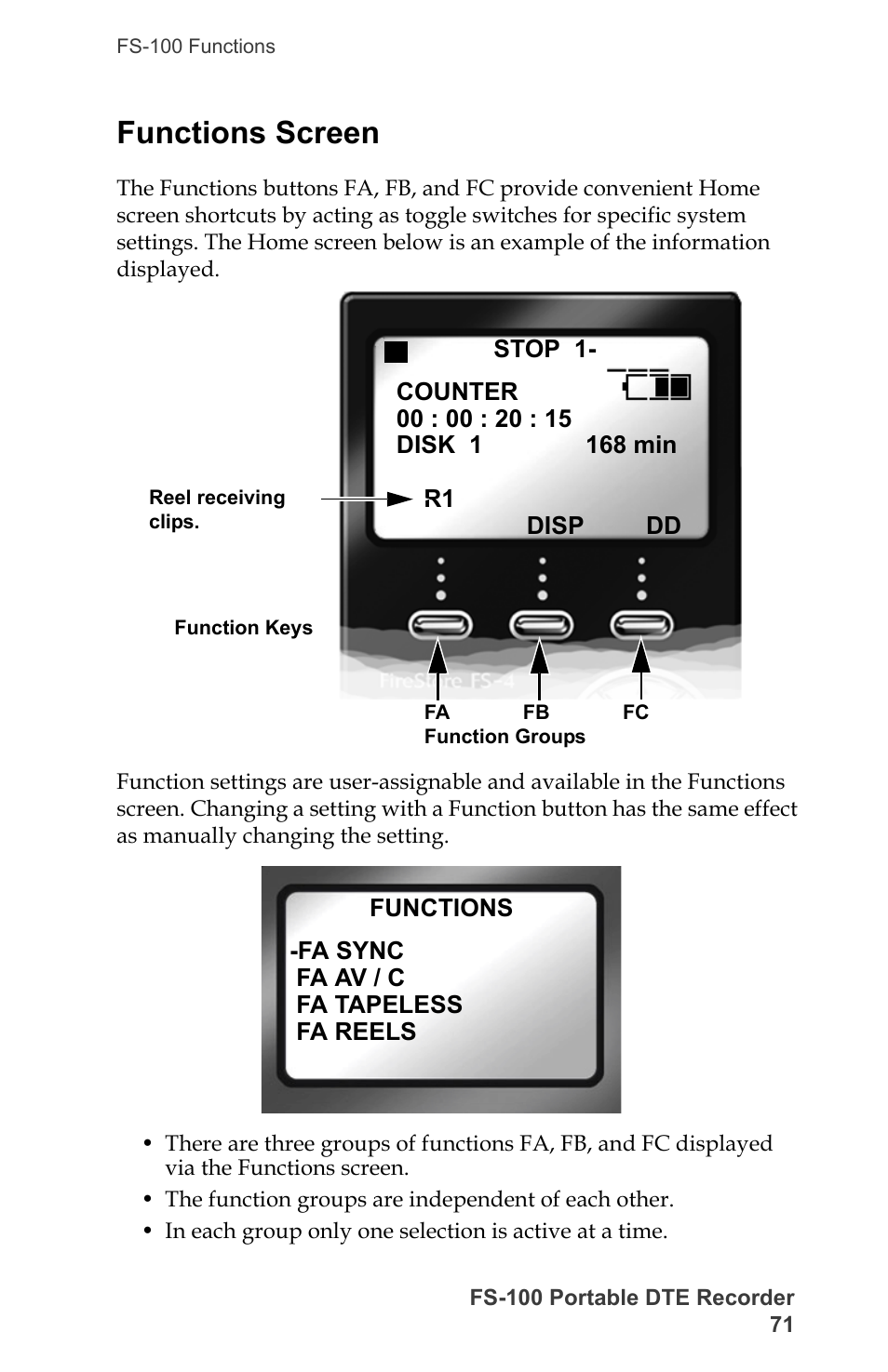 Functions screen, Functions, Screen | Refer to | FOCUS Enhancements DVCPRO/DV User Manual | Page 89 / 162