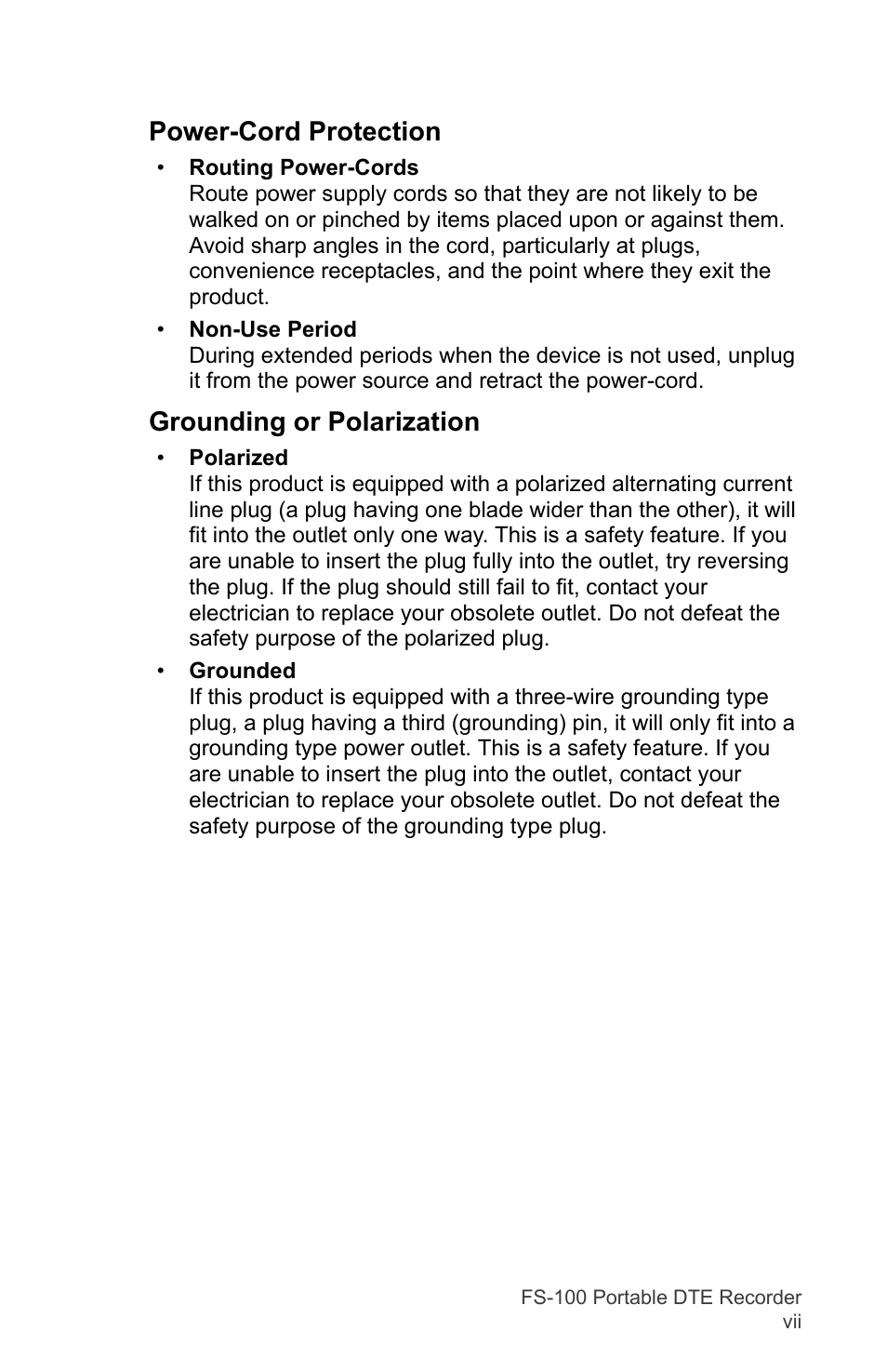 Power-cord protection, Grounding or polarization | FOCUS Enhancements DVCPRO/DV User Manual | Page 9 / 162