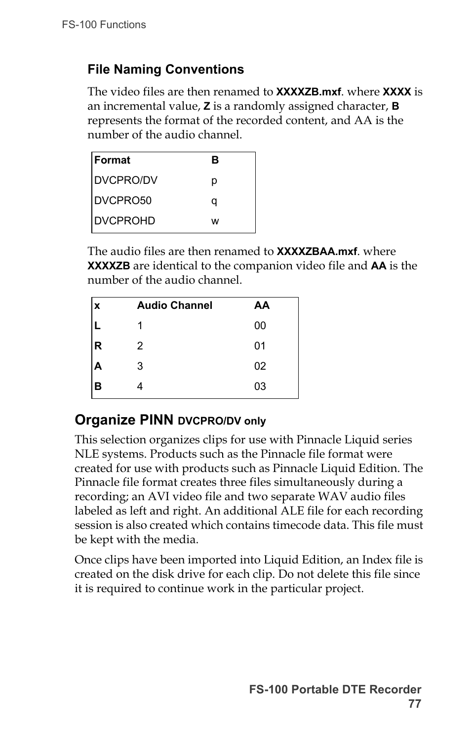 File naming conventions, Organize pinn dvcpro/dv only, Organize pinn | FOCUS Enhancements DVCPRO/DV User Manual | Page 95 / 162