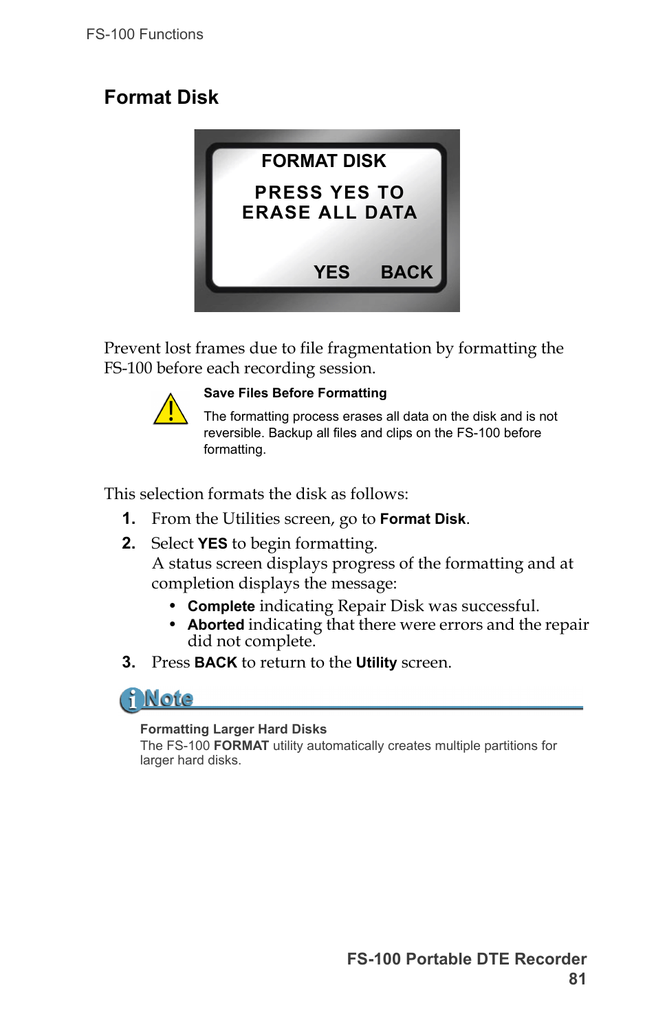 Format disk | FOCUS Enhancements DVCPRO/DV User Manual | Page 99 / 162