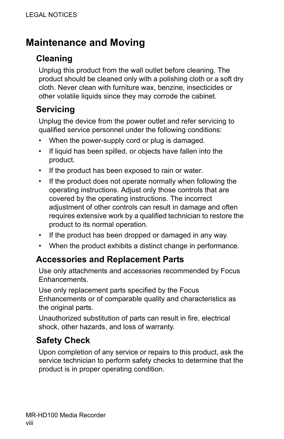 Maintenance and moving | FOCUS Enhancements MR-HD100 User Manual | Page 10 / 224