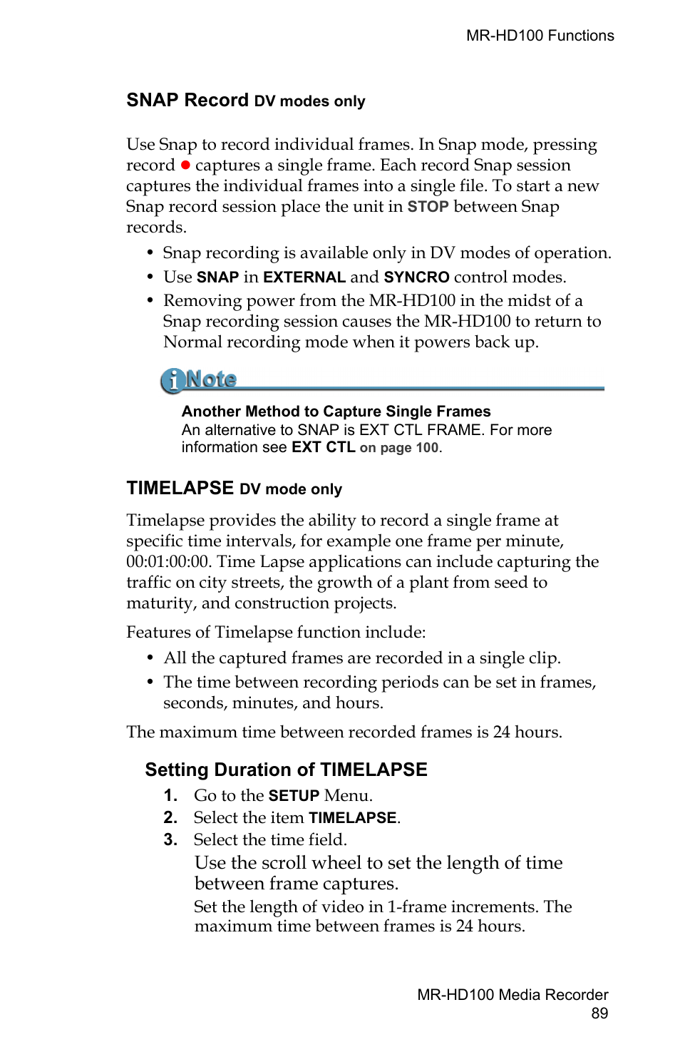 Snap record, Timelapse dv, Setting duration of timelapse | FOCUS Enhancements MR-HD100 User Manual | Page 109 / 224