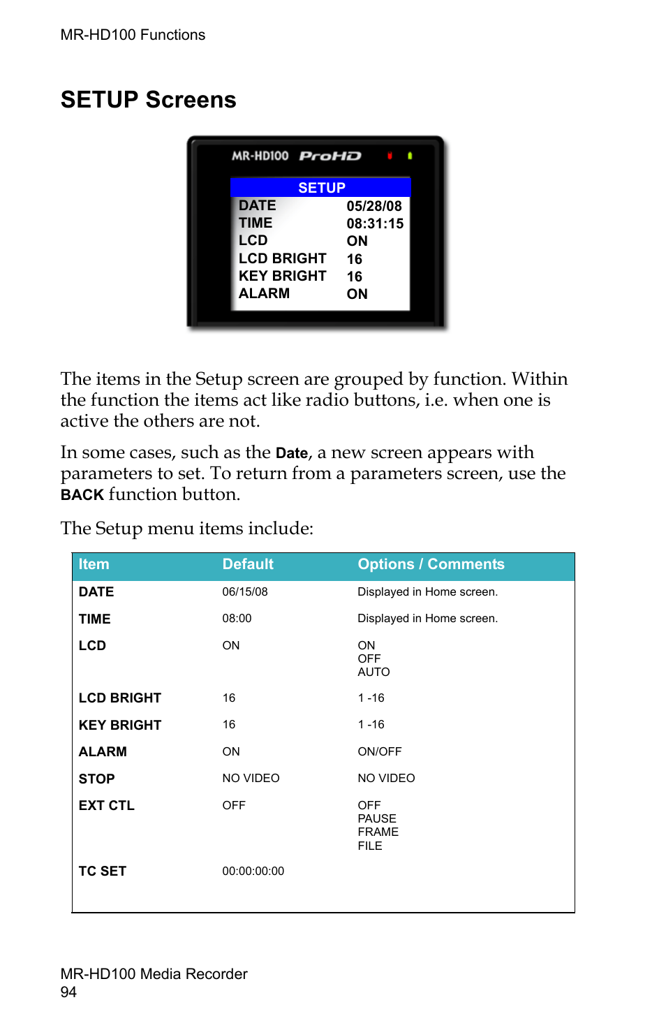 Setup screens, Function button. the setup menu items include | FOCUS Enhancements MR-HD100 User Manual | Page 114 / 224