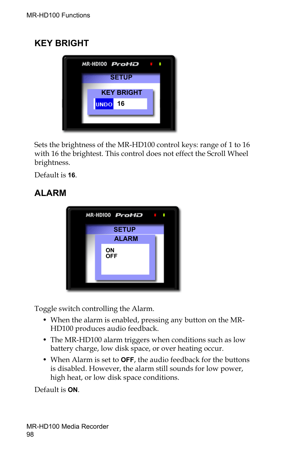 Key bright, Alarm, Key bright alarm | FOCUS Enhancements MR-HD100 User Manual | Page 118 / 224
