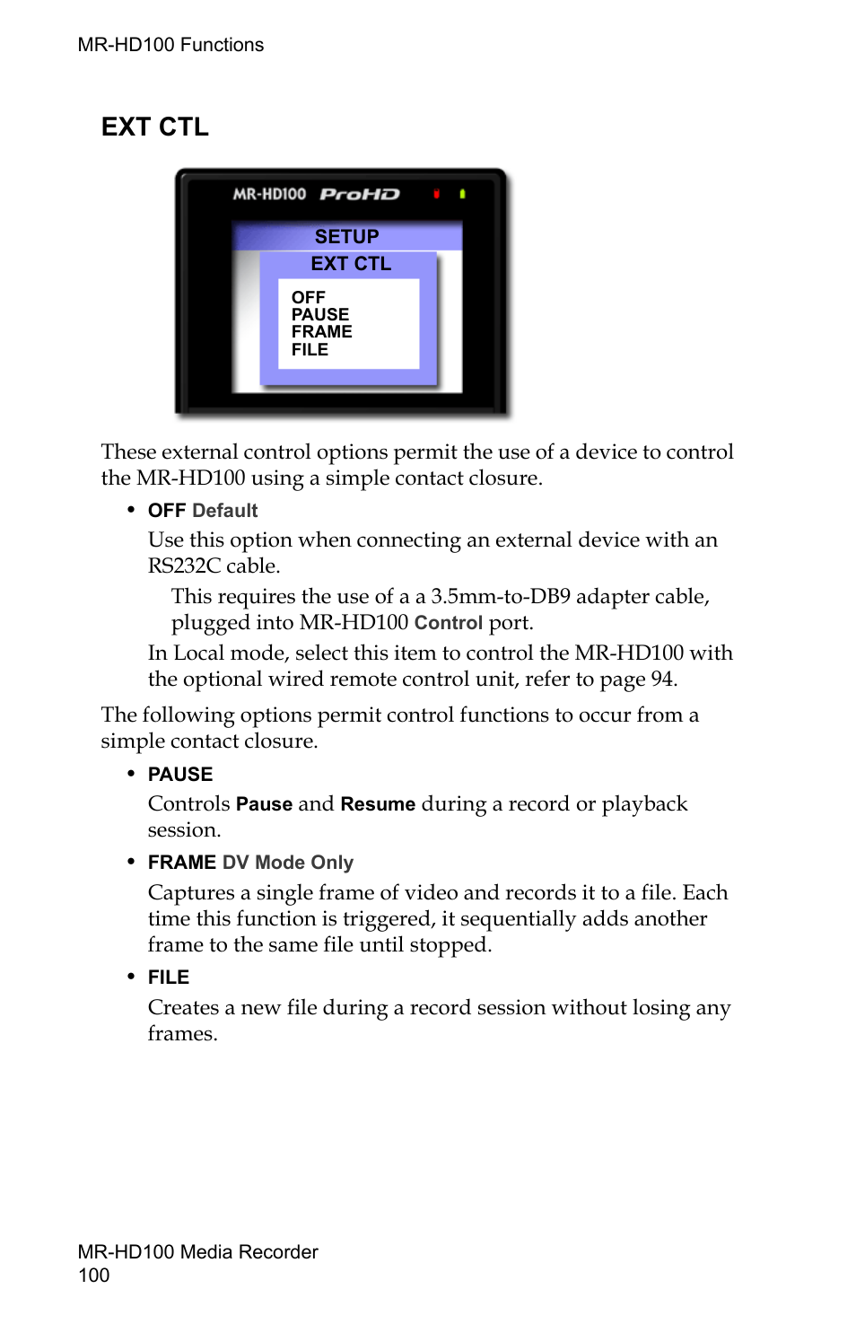 Ext ctl | FOCUS Enhancements MR-HD100 User Manual | Page 120 / 224