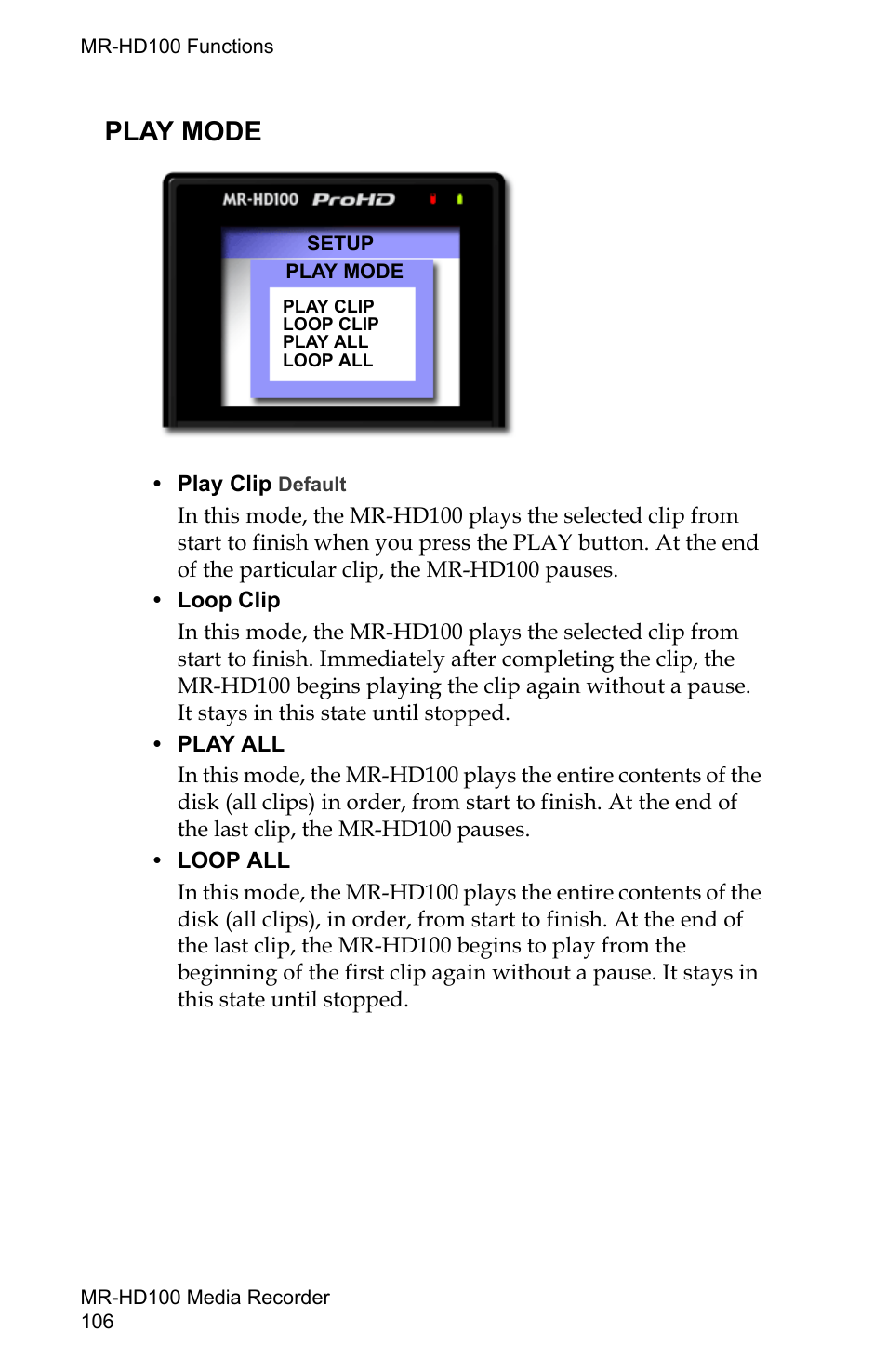 Play mode | FOCUS Enhancements MR-HD100 User Manual | Page 126 / 224