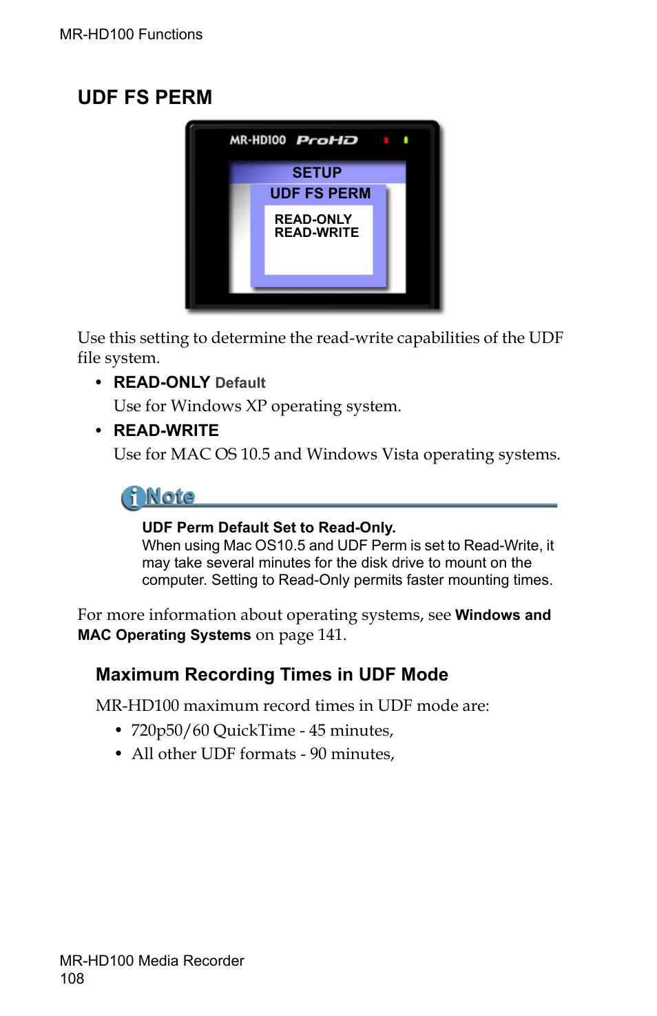 Udf fs perm, Maximum recording times in udf mode | FOCUS Enhancements MR-HD100 User Manual | Page 128 / 224