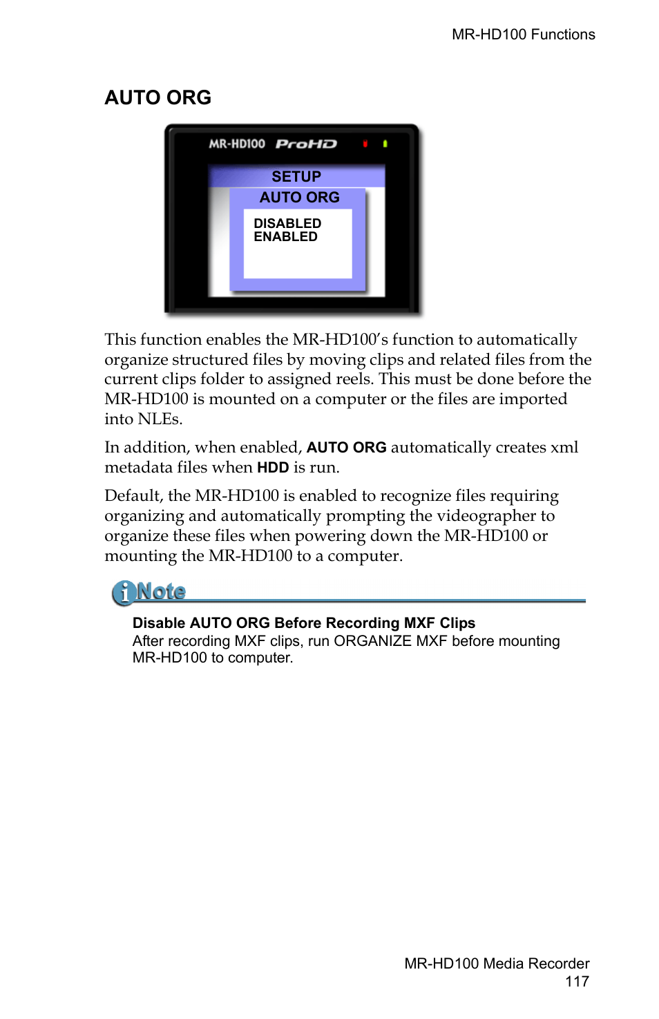 Auto org | FOCUS Enhancements MR-HD100 User Manual | Page 137 / 224