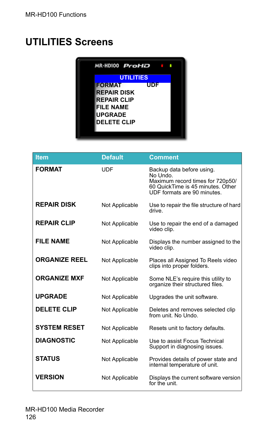 Utilities screens | FOCUS Enhancements MR-HD100 User Manual | Page 146 / 224