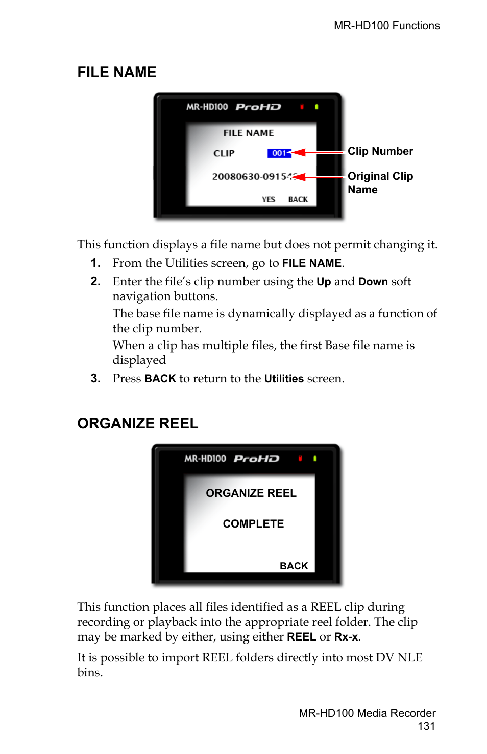 File name, Organize reel, File name organize reel | FOCUS Enhancements MR-HD100 User Manual | Page 151 / 224