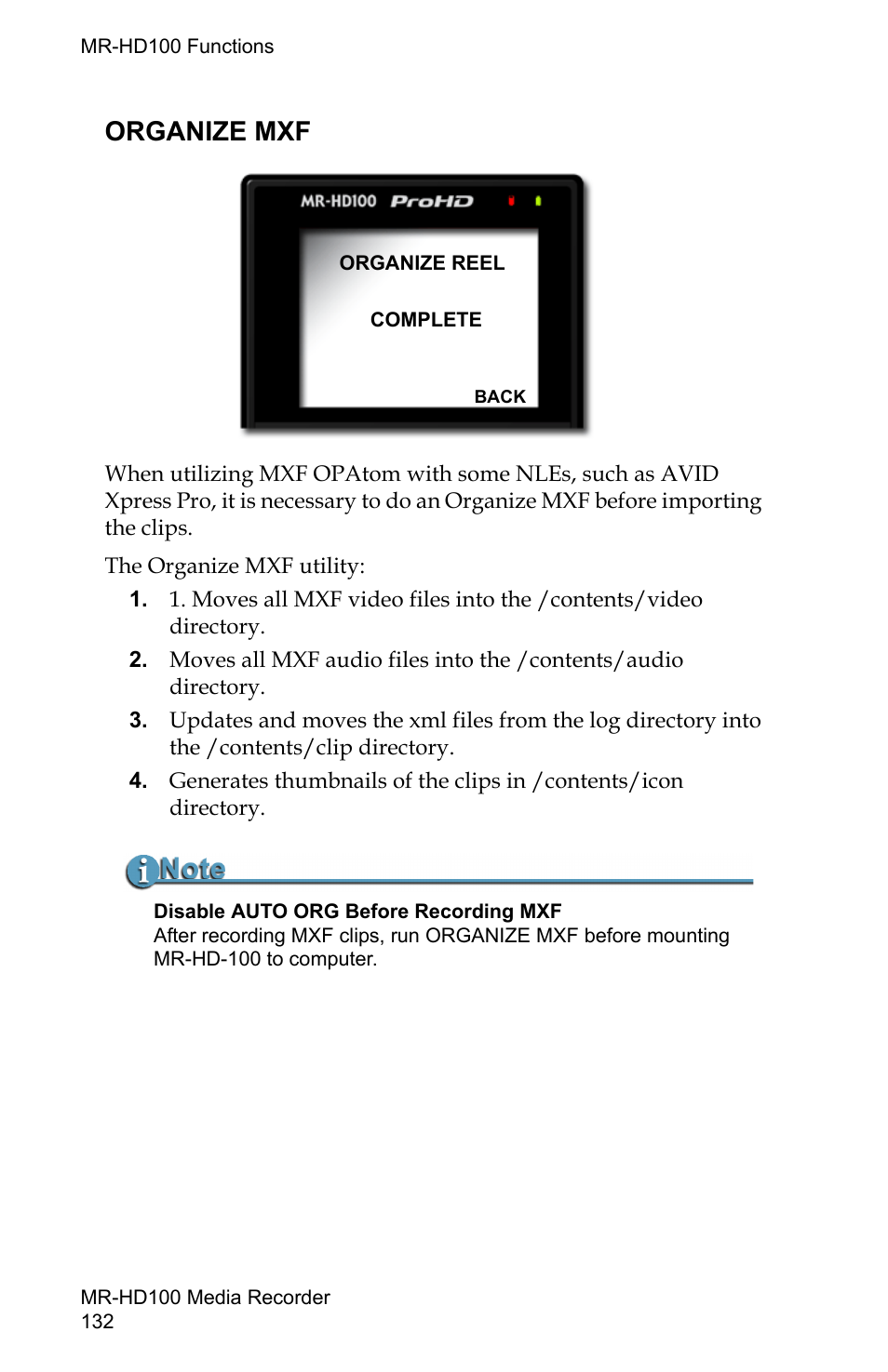 Organize mxf | FOCUS Enhancements MR-HD100 User Manual | Page 152 / 224