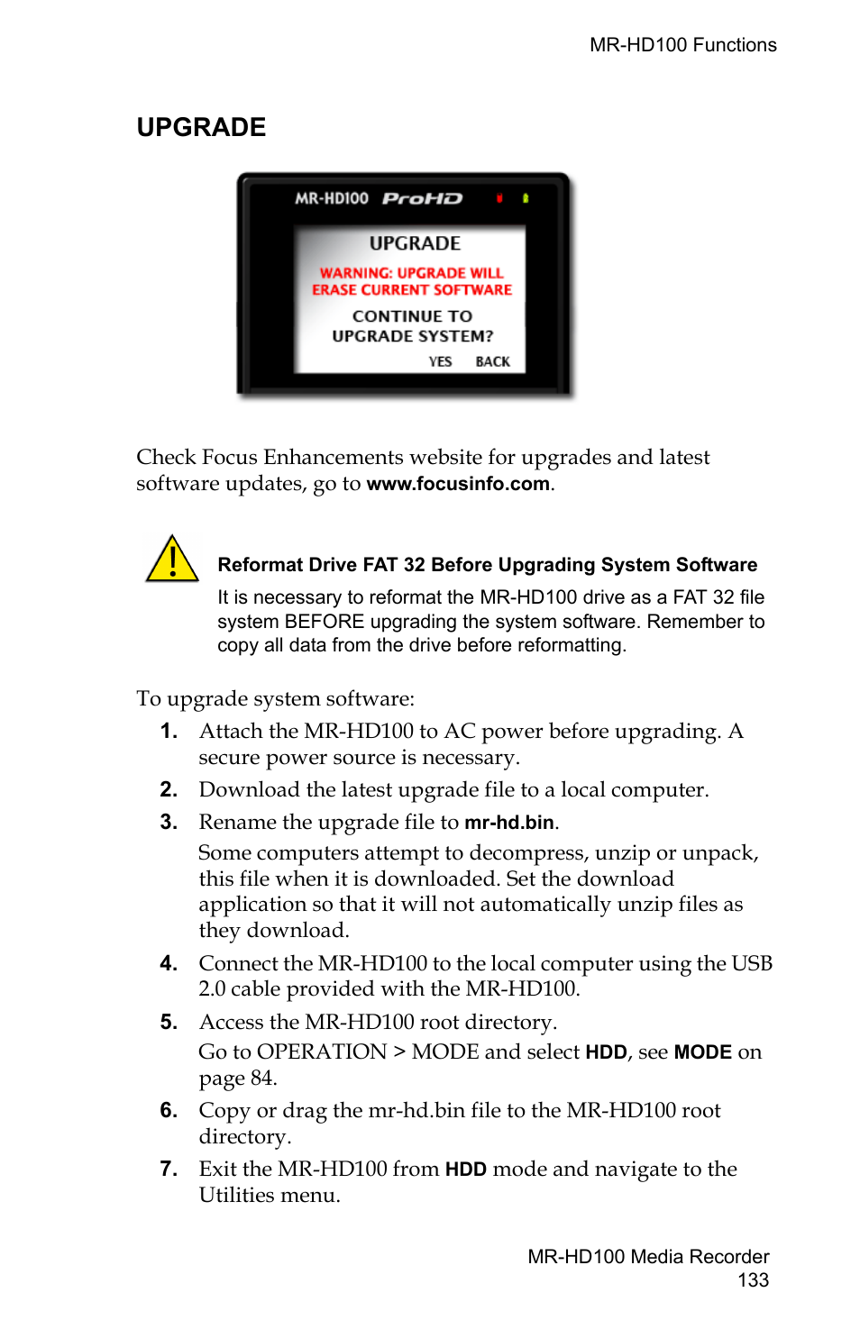 Upgrade | FOCUS Enhancements MR-HD100 User Manual | Page 153 / 224