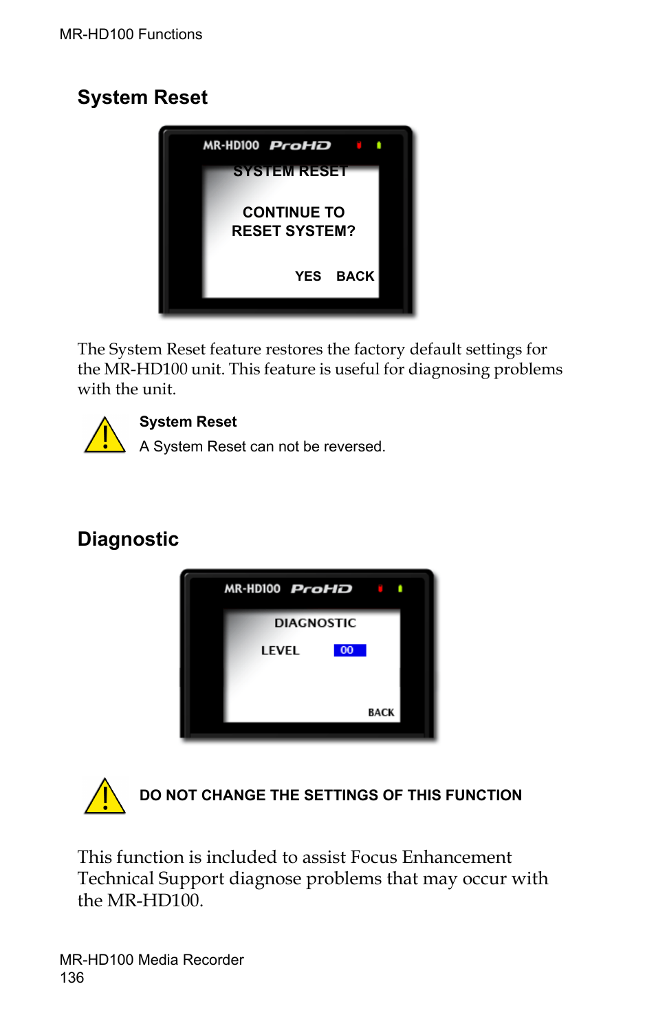 System reset, Diagnostic, System reset diagnostic | FOCUS Enhancements MR-HD100 User Manual | Page 156 / 224