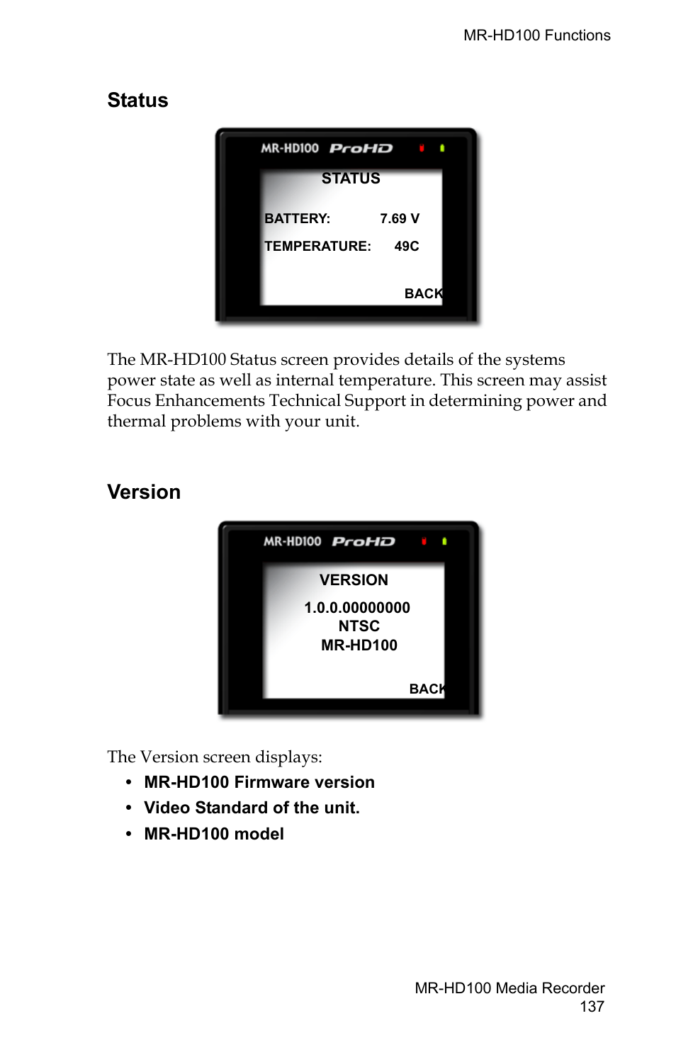 Status, Version, Status version | FOCUS Enhancements MR-HD100 User Manual | Page 157 / 224