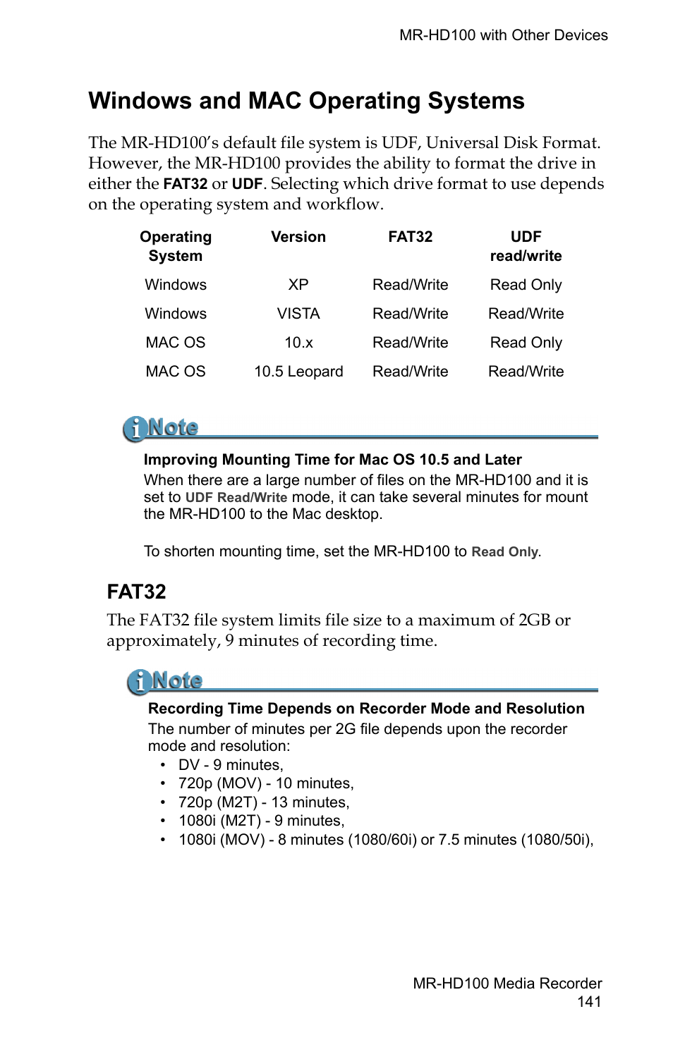 Windows and mac operating systems, Fat32, Windows and | Mac operating systems | FOCUS Enhancements MR-HD100 User Manual | Page 161 / 224