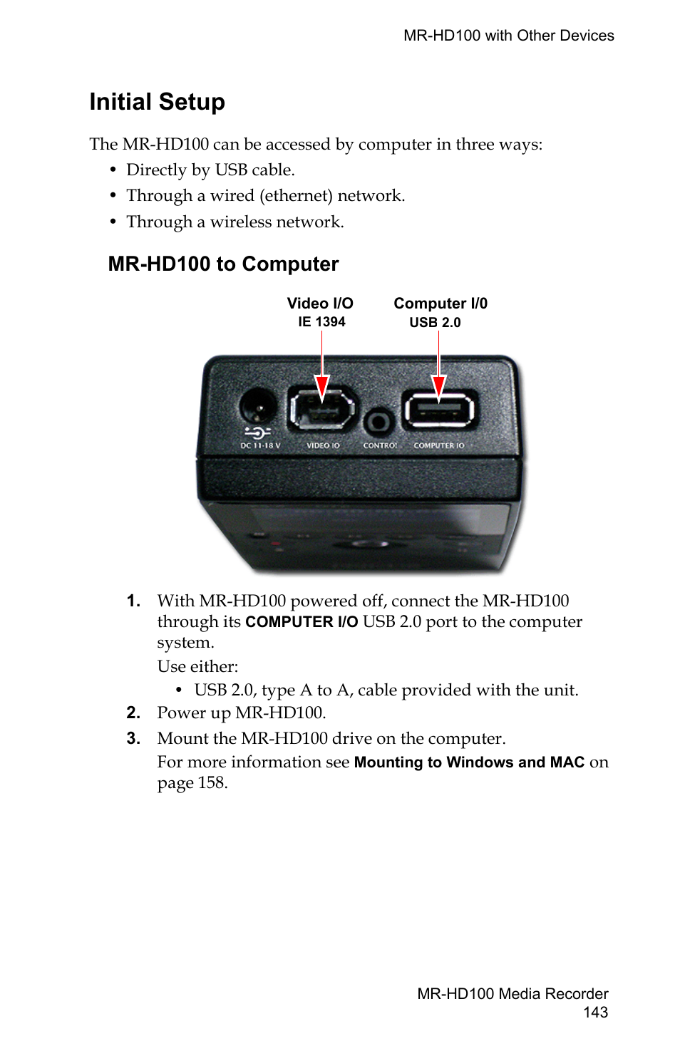 Initial setup, Mr-hd100 to computer | FOCUS Enhancements MR-HD100 User Manual | Page 163 / 224