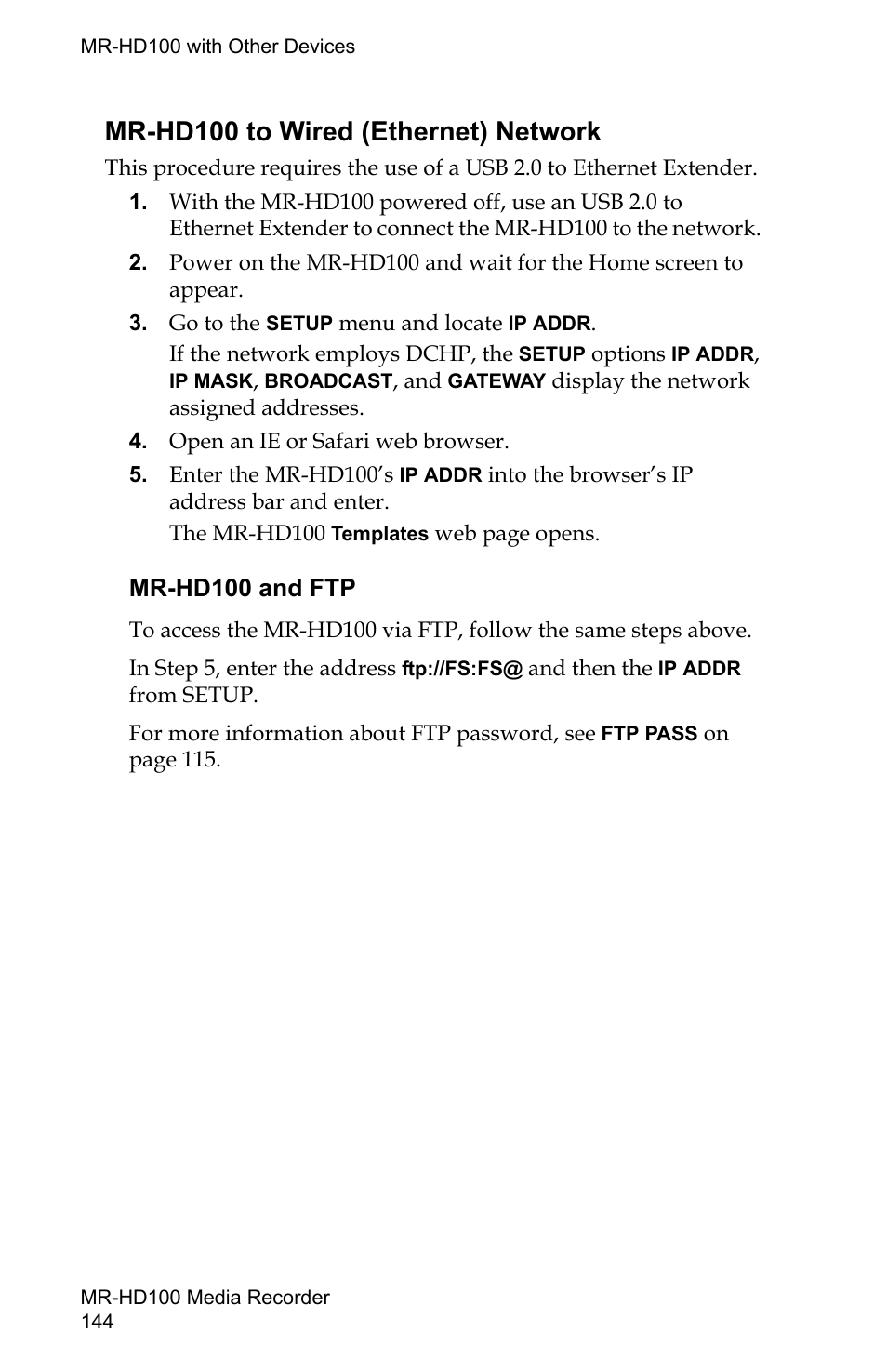 Mr-hd100 to wired (ethernet) network, Mr-hd100 and ftp | FOCUS Enhancements MR-HD100 User Manual | Page 164 / 224