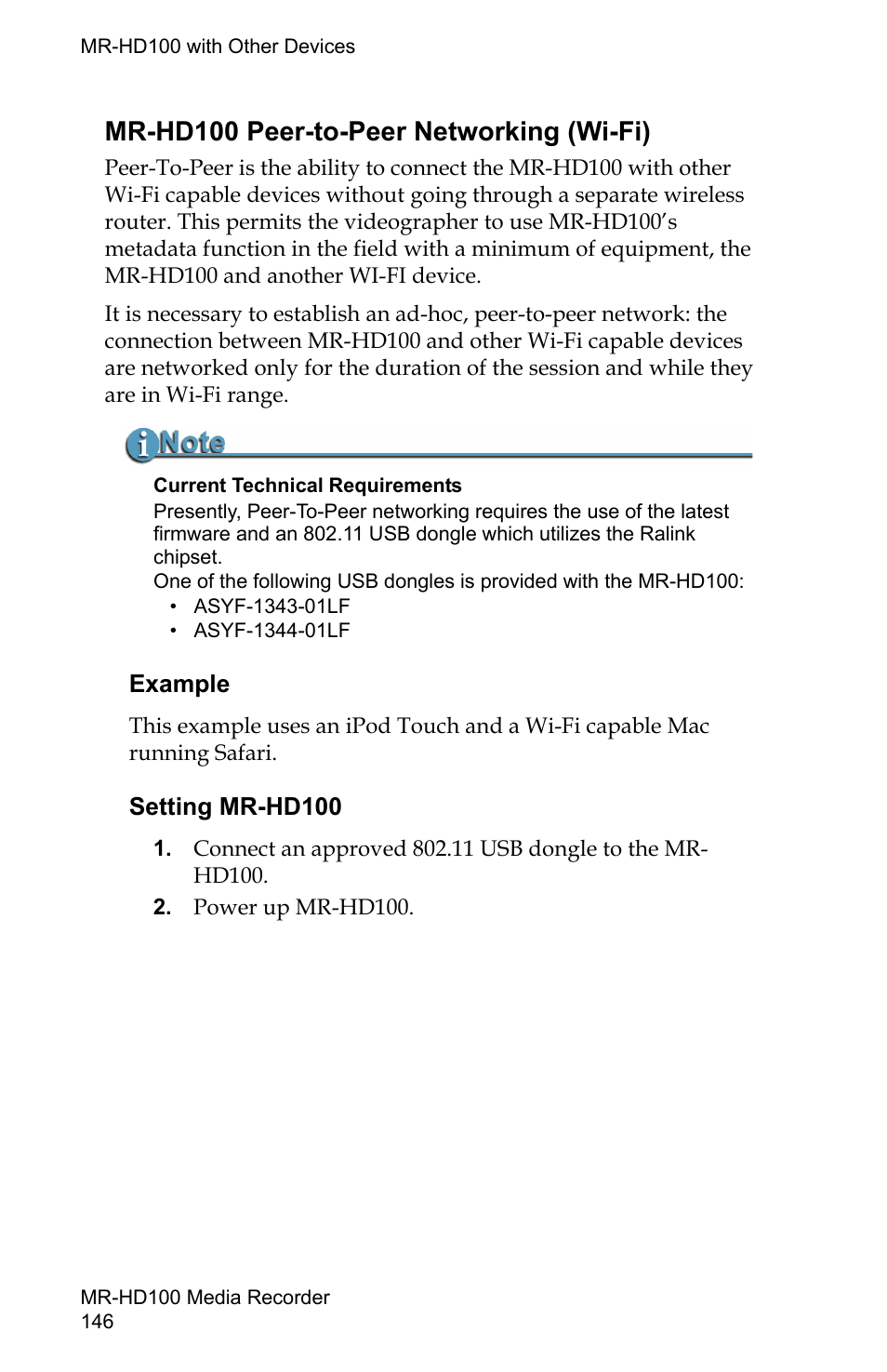 Mr-hd100 peer-to-peer networking (wi-fi), Example setting mr-hd100, Setting mr-hd100 | FOCUS Enhancements MR-HD100 User Manual | Page 166 / 224