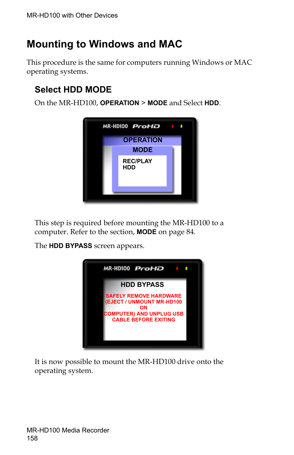 Mounting to windows and mac, Select hdd mode | FOCUS Enhancements MR-HD100 User Manual | Page 178 / 224
