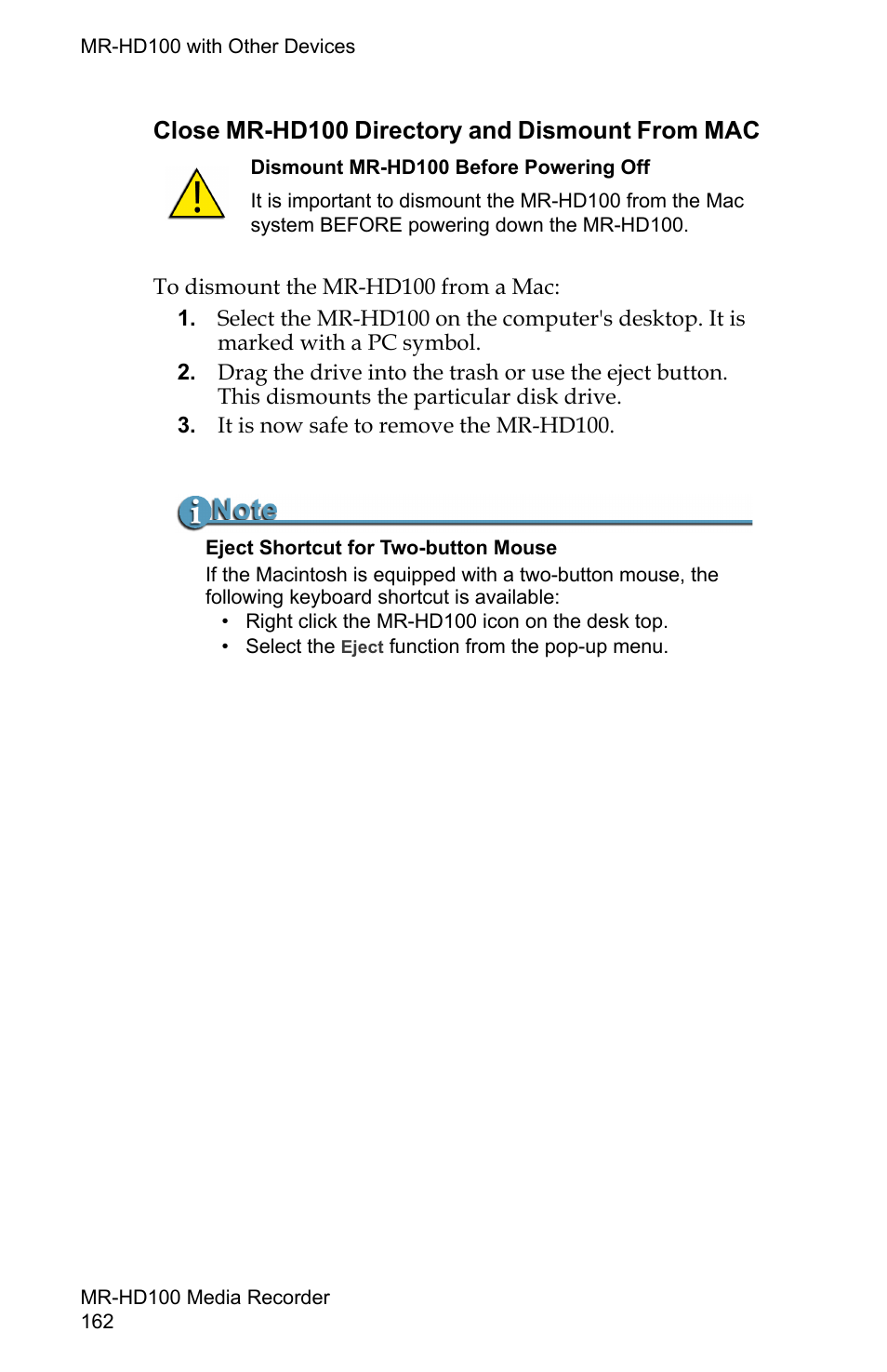 Close mr-hd100 directory and dismount from mac 162, Close mr-hd100 directory and dismount from mac | FOCUS Enhancements MR-HD100 User Manual | Page 182 / 224