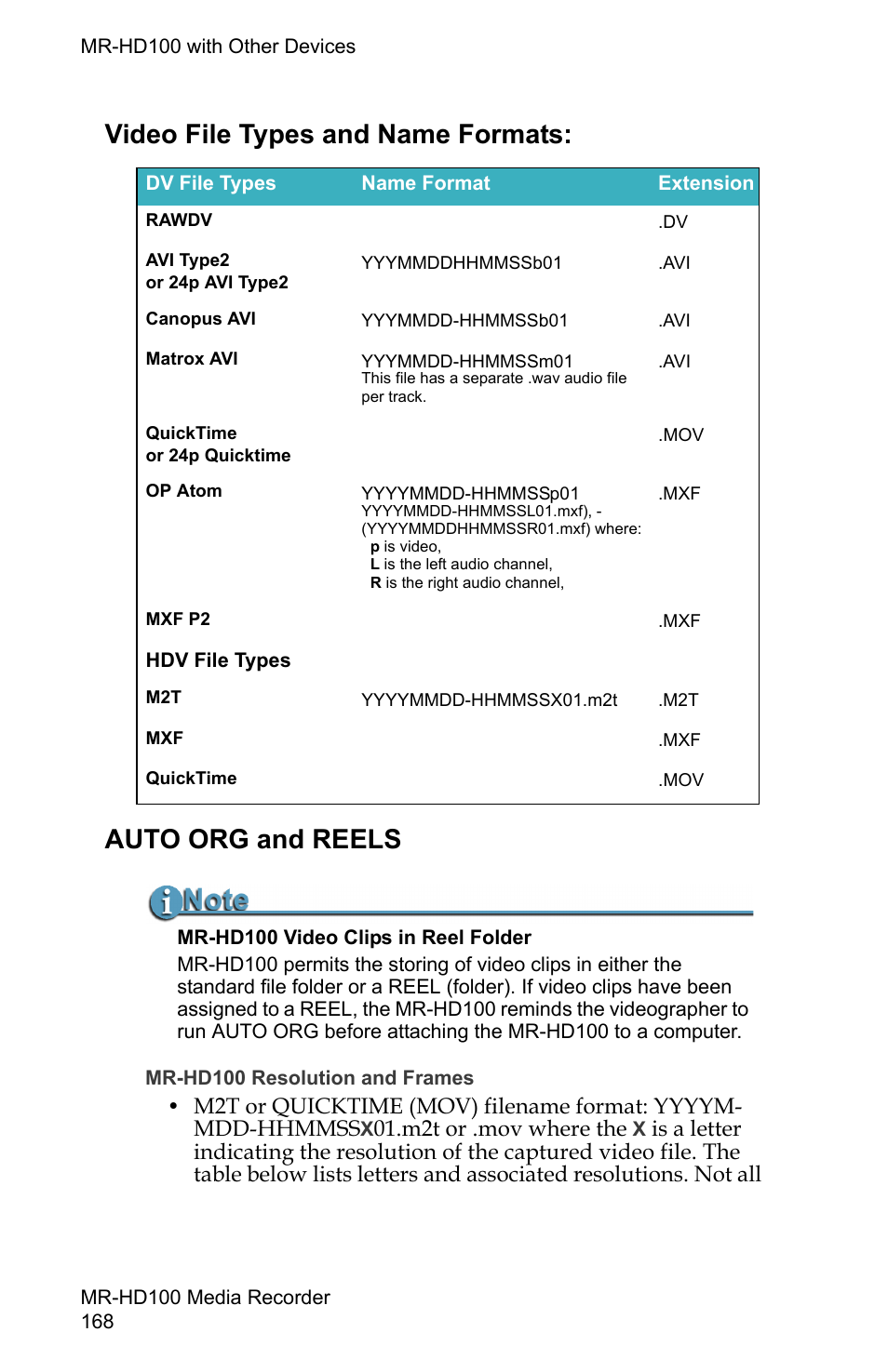 Video file types and name formats, Auto org and reels | FOCUS Enhancements MR-HD100 User Manual | Page 188 / 224