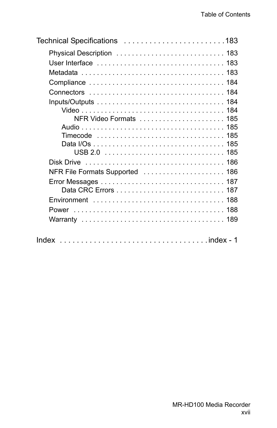 Technical specifications 183, Index index - 1 | FOCUS Enhancements MR-HD100 User Manual | Page 19 / 224