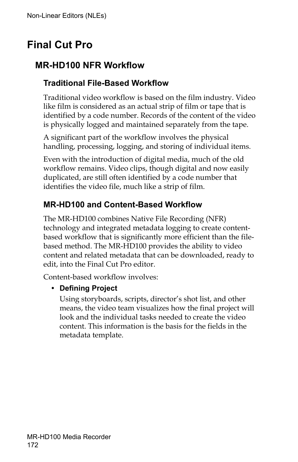 Final cut pro, Mr-hd100 nfr workflow, More information, see | Final cut | FOCUS Enhancements MR-HD100 User Manual | Page 192 / 224