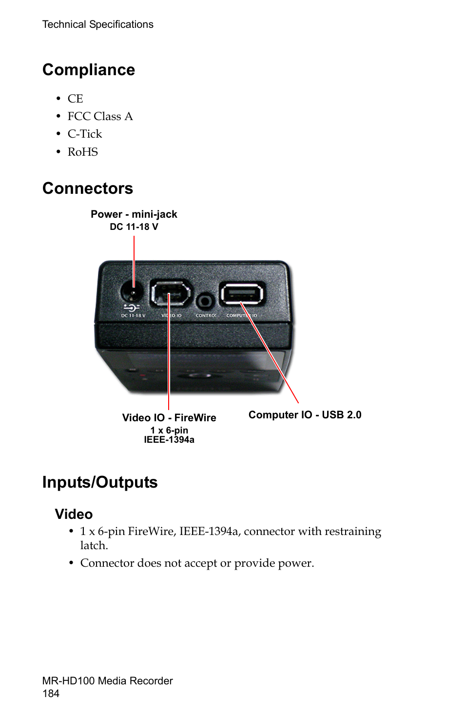 Compliance, Connectors, Inputs/outputs | Video, Compliance connectors inputs/outputs, Connectors inputs/outputs | FOCUS Enhancements MR-HD100 User Manual | Page 204 / 224